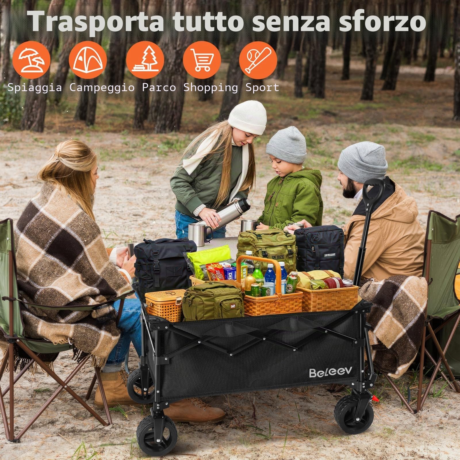 BELEEV Carrello Spiaggia Con Freno, Carrello da giardino pieghevole adatto a tutti i terreni, Ruote girevoli a 360°Grande capacità 130L 100KG, Carro Plegable Spesa Giardino Campeggio Shopping Sport