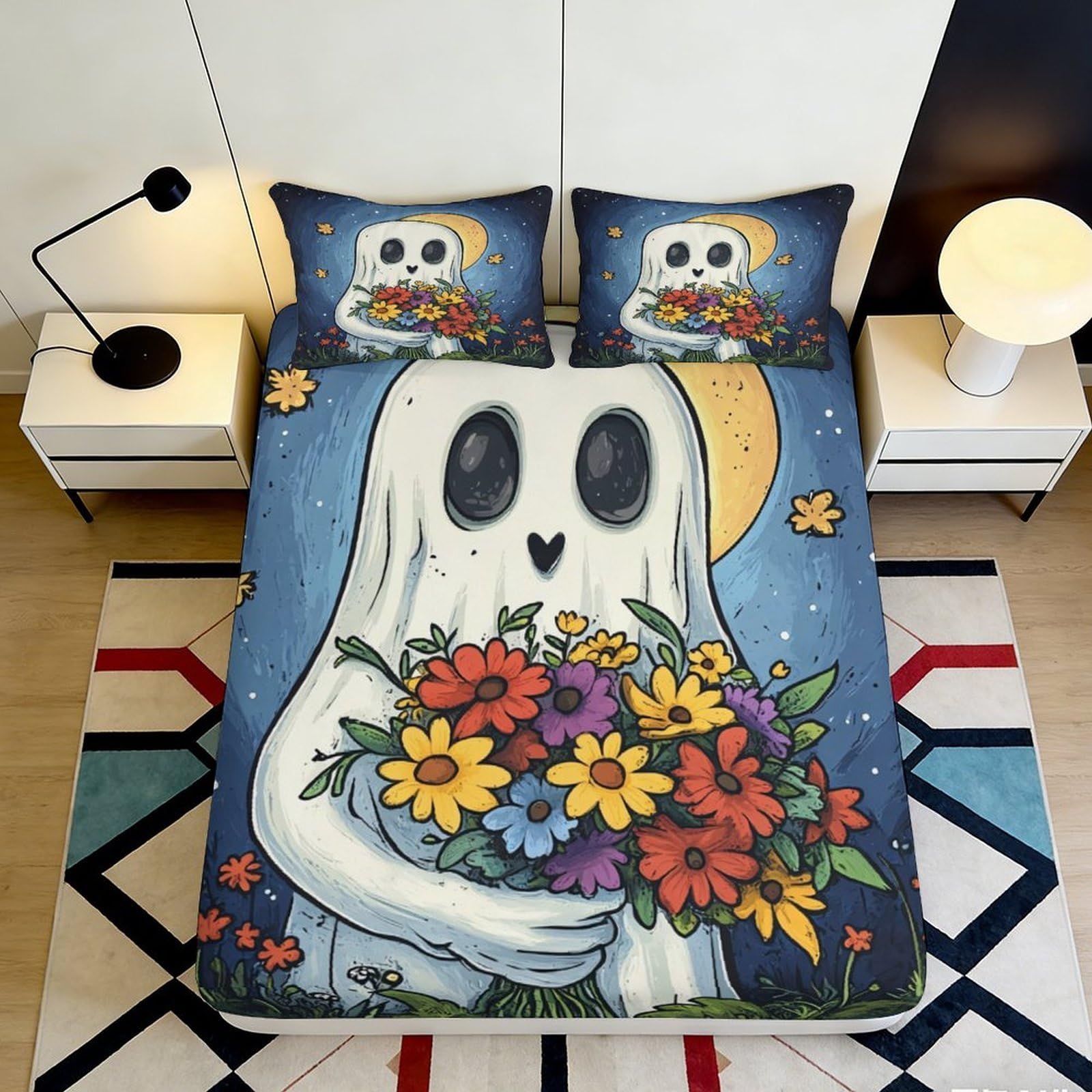 3D Printed Ghost Bouquet Fitted Sheet Microfiber Blue Cartoon Bed Cover for Bedroom Dorm Mattress Protection 90x200x25cm
