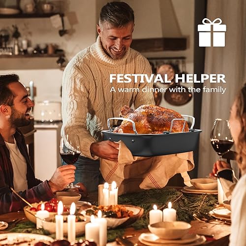 Miniatura 12 de Sartén para asar, 17 x 13 pulgadas con estante extraíble, sartén antiadherente para asar pavo, carne y verduras (dorado)