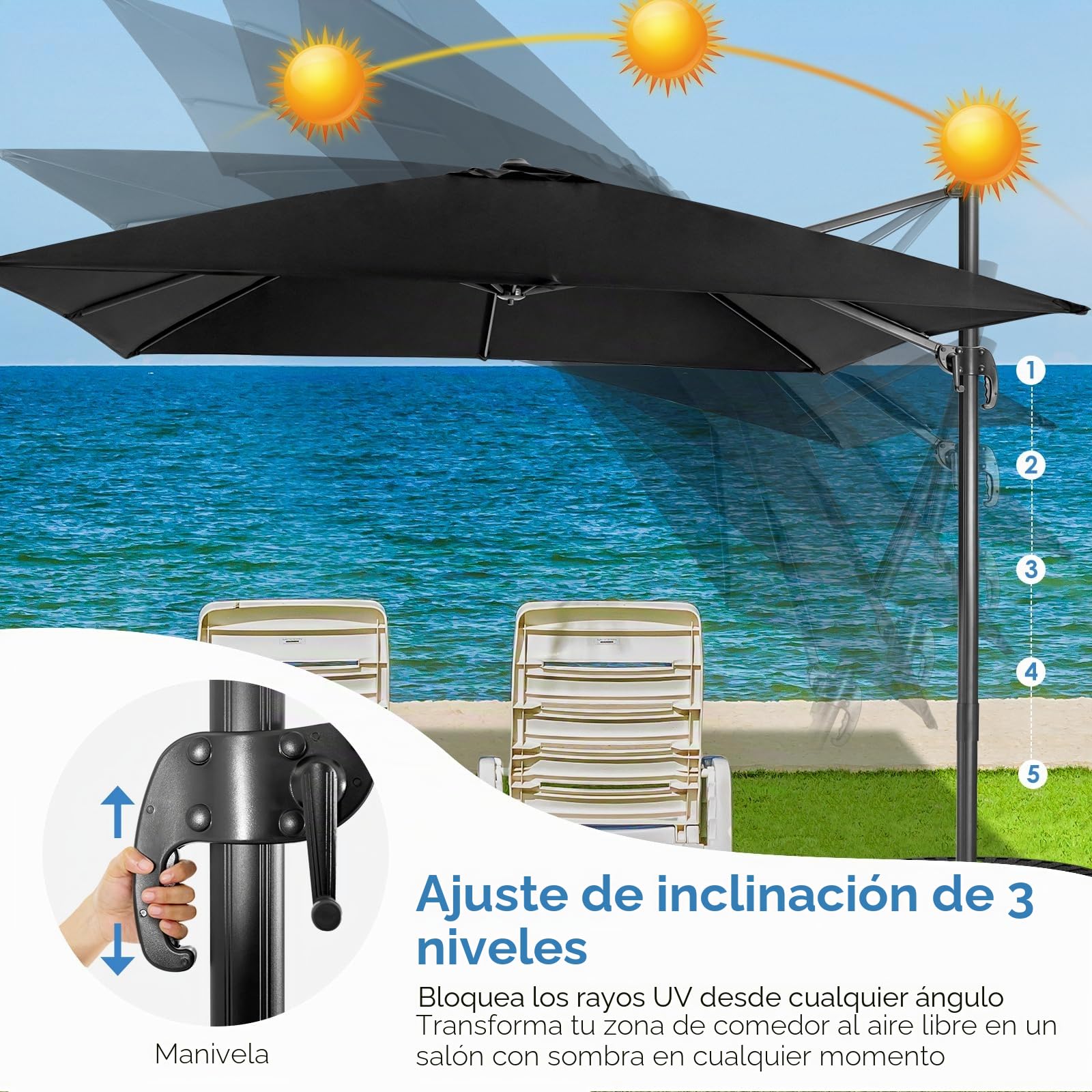 RELAX4LIFE Sombrilla de 300 cm de diámetro, sombrilla con ángulo ajustable y manivela, sombrilla de jardín con base en cruz, sombrilla de mercado, protección UV y repelente al agua, para balcón