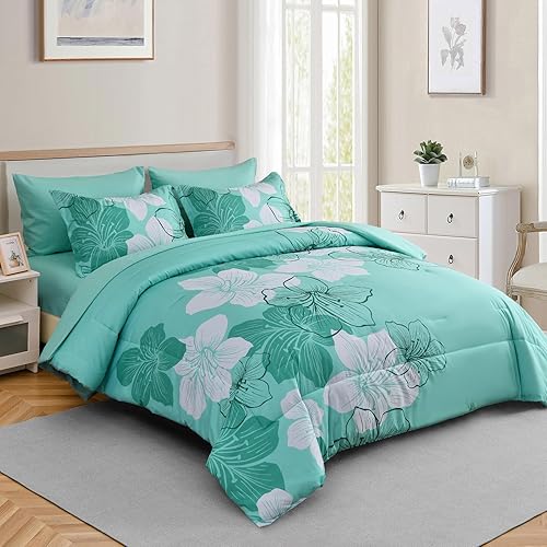 Miniatura 2 de Luxudecor Juego de edredón floral tamaño King, 7 piezas de cama en una bolsa, juego de edredón y sábanas de microfibra suave, juego completo de ropa