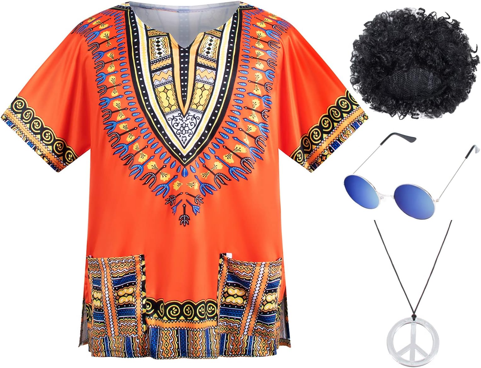 TOGROP4 PCS Hippie Costume for Mens 60s 70s T-Shirt Afro Wig Accessories set for Party Cosplay