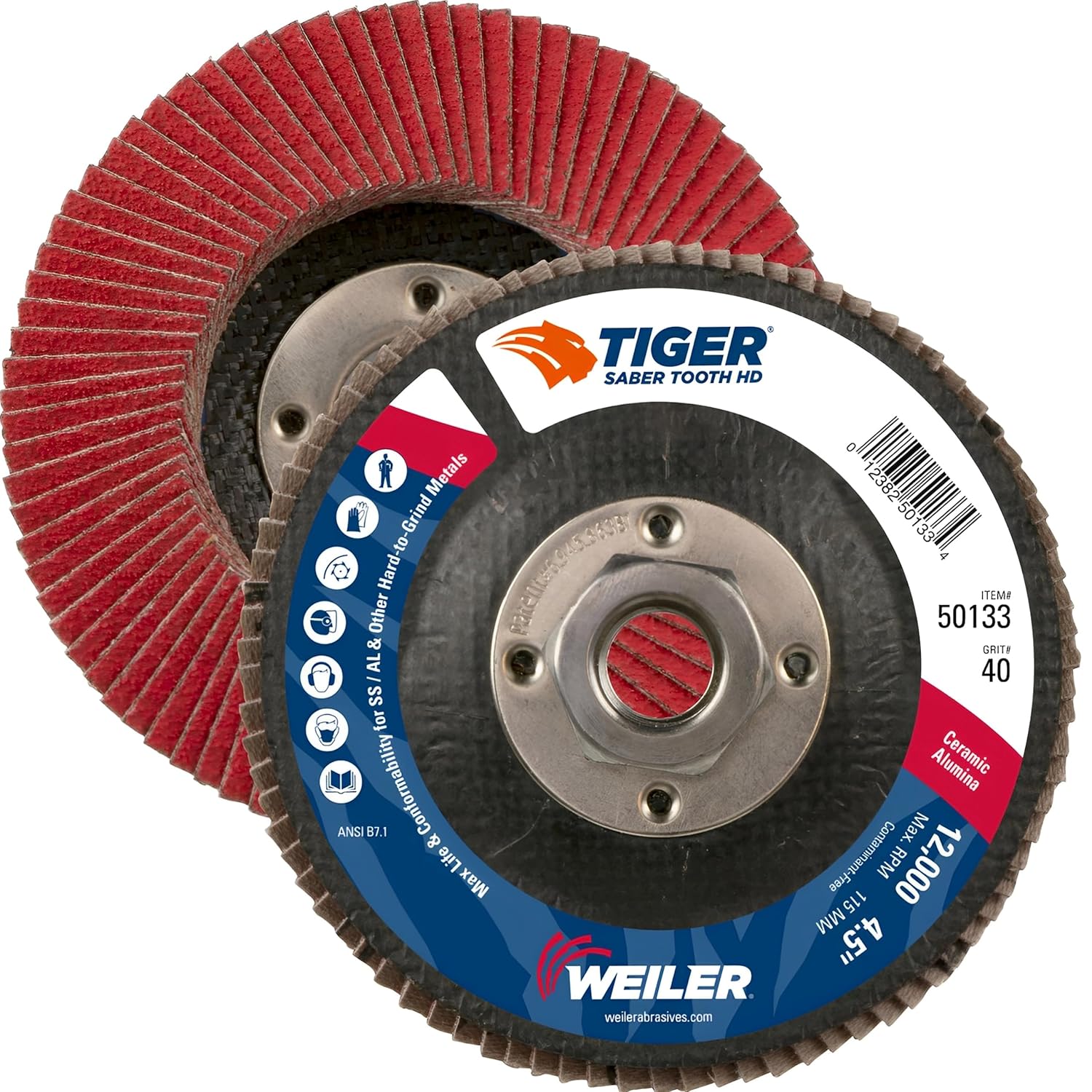 Weiler 50133 Saber Tooth 5/8"-11 Arbor, 4-1/2" Diameter, 40 Grit, Ceramic, Phenolic Backing, Flat High Density Abrasive Flap Disc