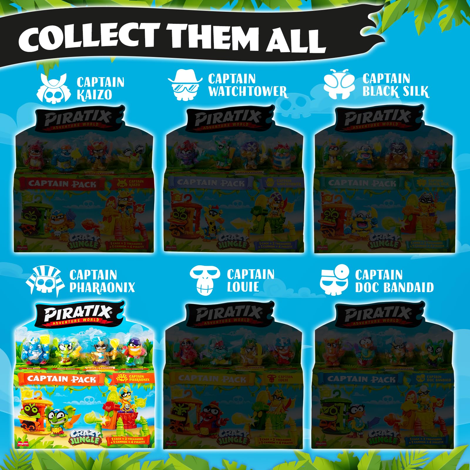 PIRATIX ADVENTURE WORLD Crazy Jungle Series, Captain Pack Pharaonix: 4 Piratix, 1 golden Captain, 4 neon accessories, 1 Cage - Image 4