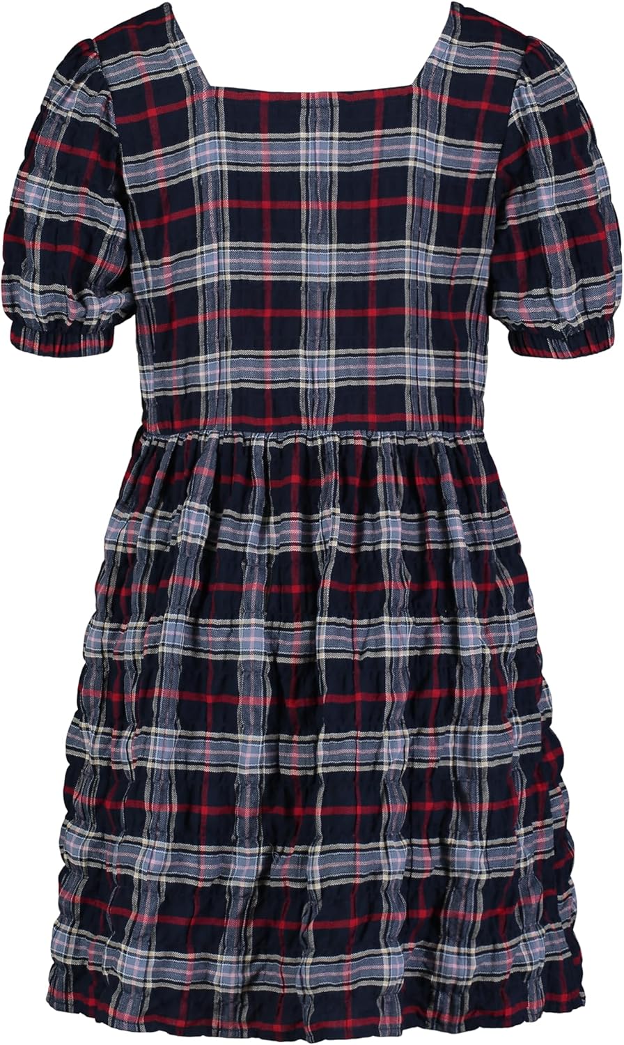 Tommy Hilfiger Girls' Seersucker Plaid Dress with Bubble Sleeve, Everyday Casual Wear, Soft & Comfortable Fit 8-10 Navy Blazer image 2 of 3 B0CZSN3QWH