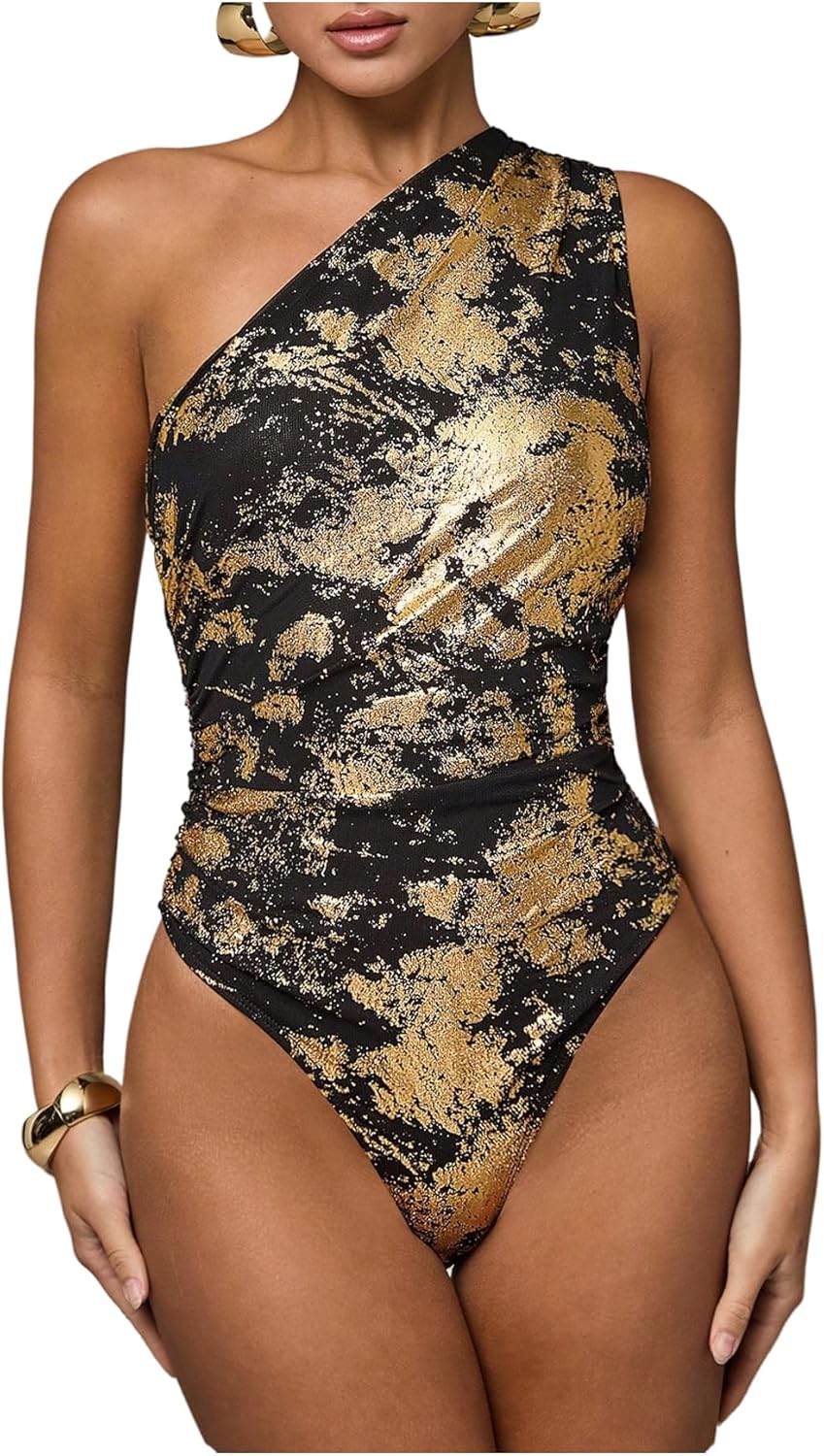 WDIRARA Women's Tie Dye Mesh One Shoulder Bodysuit Metallic Sleeveless Asymmetrical Tank Body Suits