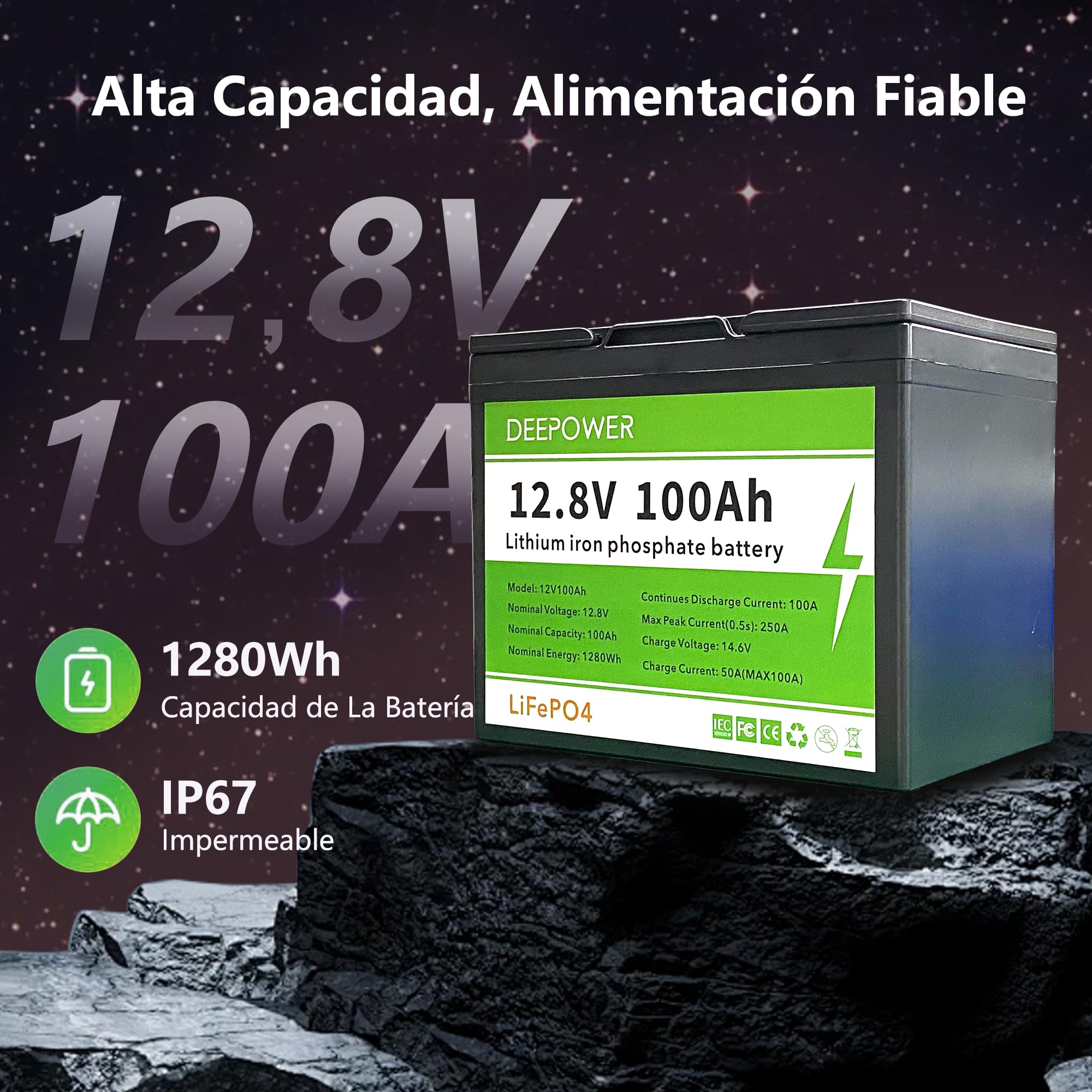 12V100Ah LiFePO4 Batería con Indicadores LED, 15000 Ciclos Profundos, 100A BMS, Celdas de Grado A, 1280Wh Energía, para RV, Camping, Sistemas Solares, Barcos y Off-Grid (12V 100AH LED)