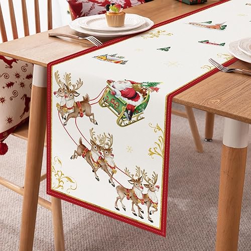 Miniatura 3 de Bonhause Camino de mesa de reno de Navidad de 13 x 72 pulgadas, trineo de Papá Noel, rojo, dorado, temporada de invierno, vacaciones, cocina,