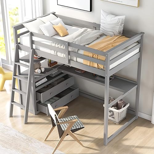 Miniatura 3 de HYC Cama alta de tamaño individual con escritorio debajo de la base de cama individual con estantes y escalera cama alta de madera individual para