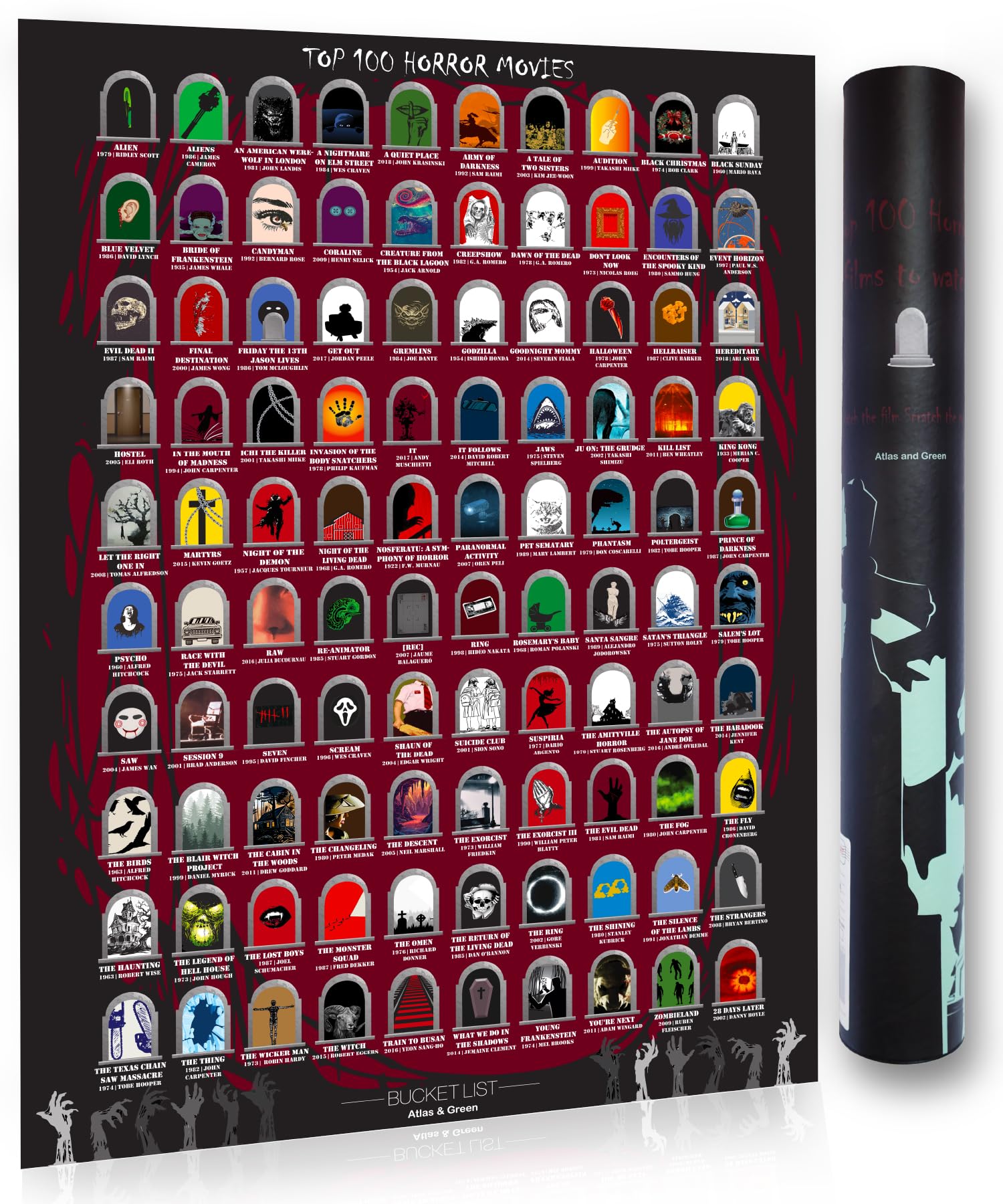 Atlas & Green Top 100 Horrorfilm-Poster. Top 100 Rubbel-Horrorfilm-Poster, aktuell mit Blockbustern aus dem Jahr 2024. Geschenk-Tube, Filmposter, Aufkleber