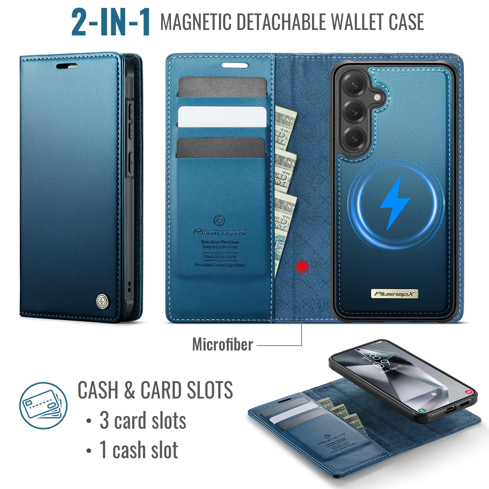 Custodia a portafoglio rimovibile per Samsung Galaxy S26 Plus 2 in | Compatibile con Magsafe, magnetico, porta carte di credito con blocco RFID, antiurto, cavalletto, ricarica wireless