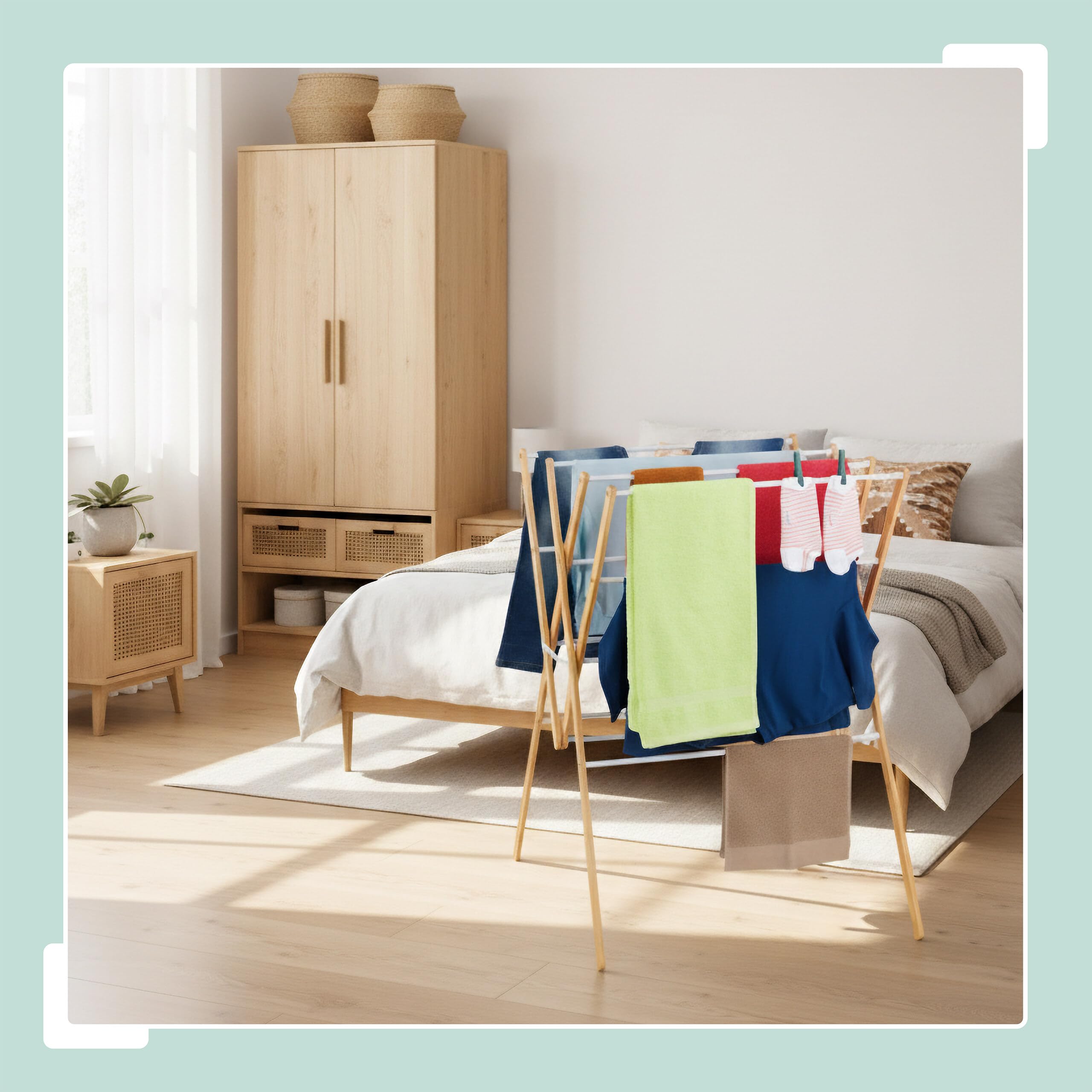 Relaxdays Stendibiancheria Pieghevole, Stendino Verticale a Torre, 12 Aste, HLP: 93 x 70 x 62 cm, bambù e Ferro, Bianco