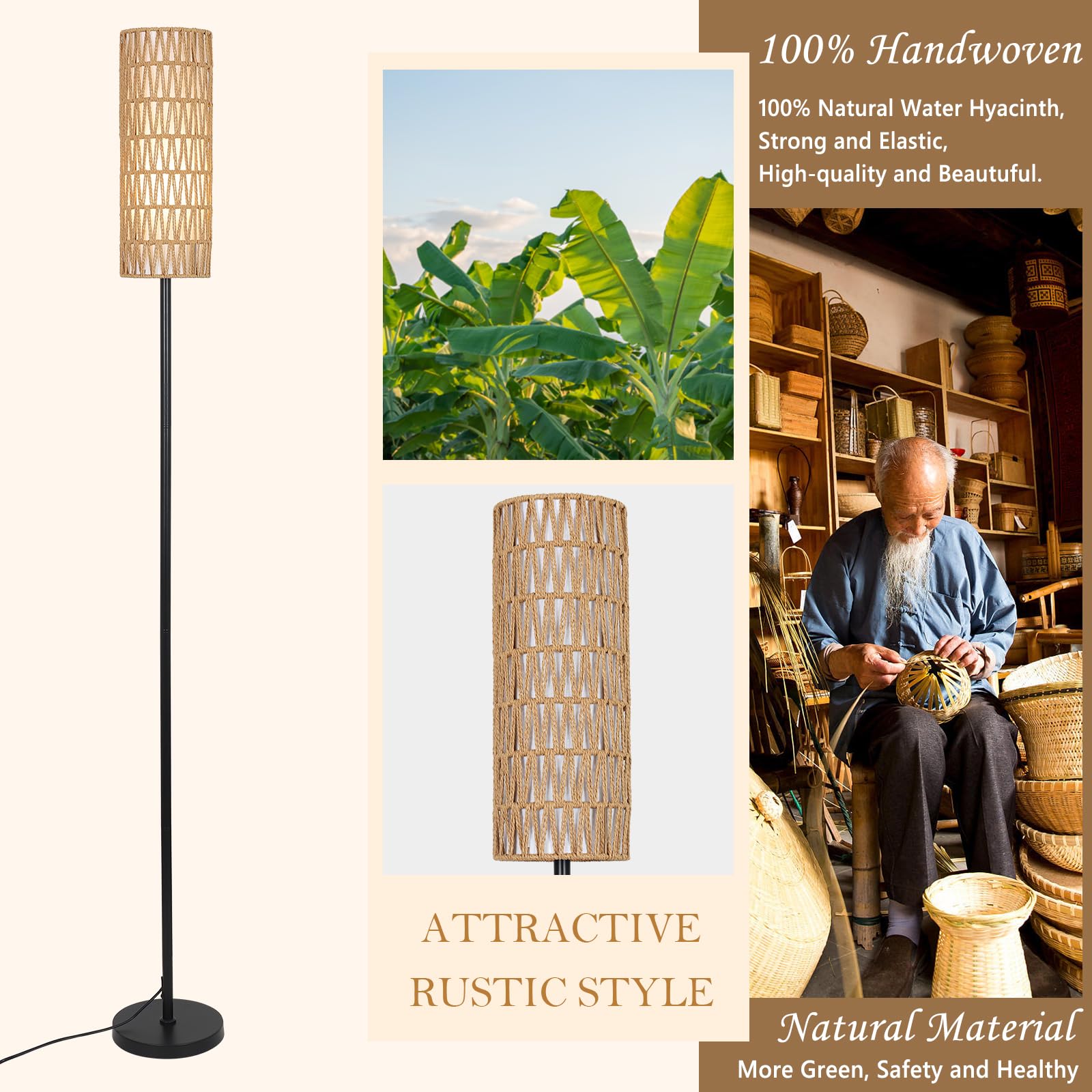 Rayofly Rattan Stehlampe Dimmbar für Wohnzimmer - Mit Fernbedienung, App-Steuerung, Boho-Design, Rattan & Leinen Lampenschirm, Schwarz - Für Schlafzimmer, Büro (Glühbirne Inklusive)