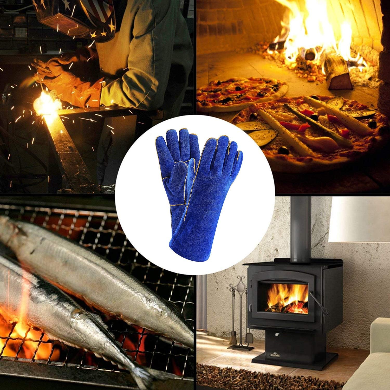 DEKO Welding Gloves Blue 14 inch Leather Forge Heat Resistant Welding Glove for Mig, Tig Welder, BBQ, Furnace, Camping, Stove, Fireplace and More - - 