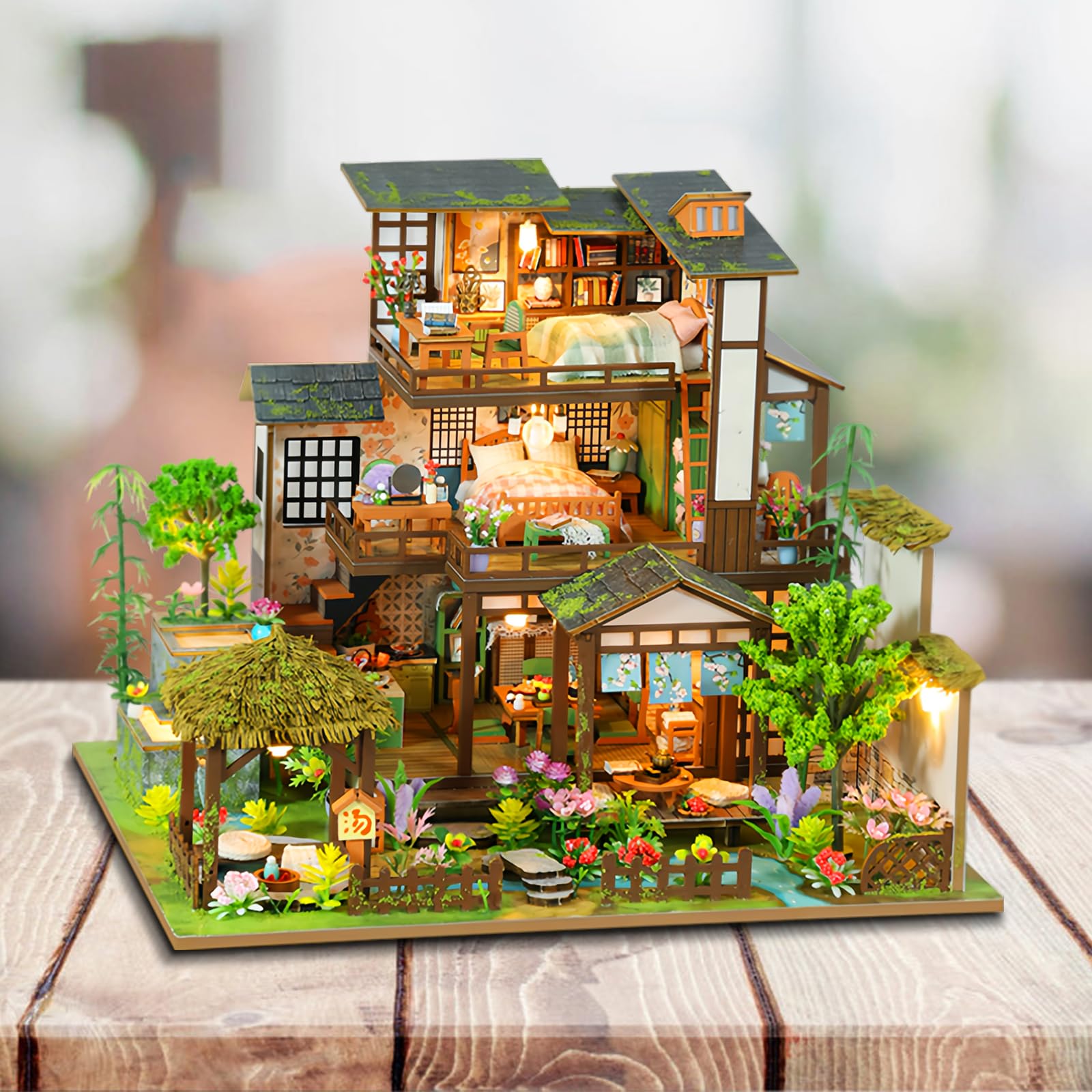 GXNRHG Zestawy miniaturowych domów DIY, mini domek dla lalek z diodami LED, drewniane rękodzieło dla dorosłych od nastolatków do budowania, urodziny (bambusowe wiosenne podwórko)