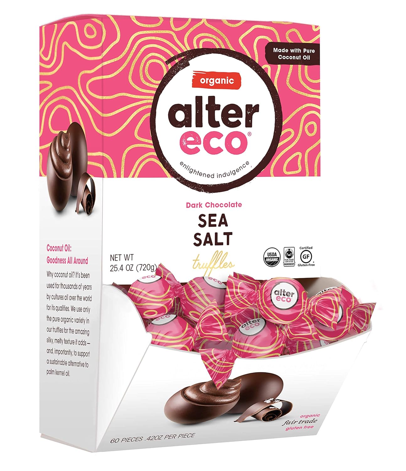 Alter Eco | Deep Dark Sea Salt Truffles | 58% Pure Dark Cocoa, Fair Trade, Organic, Non-GMO, Gluten Free Dark Chocolate Truffles, Single Box (60 ct)