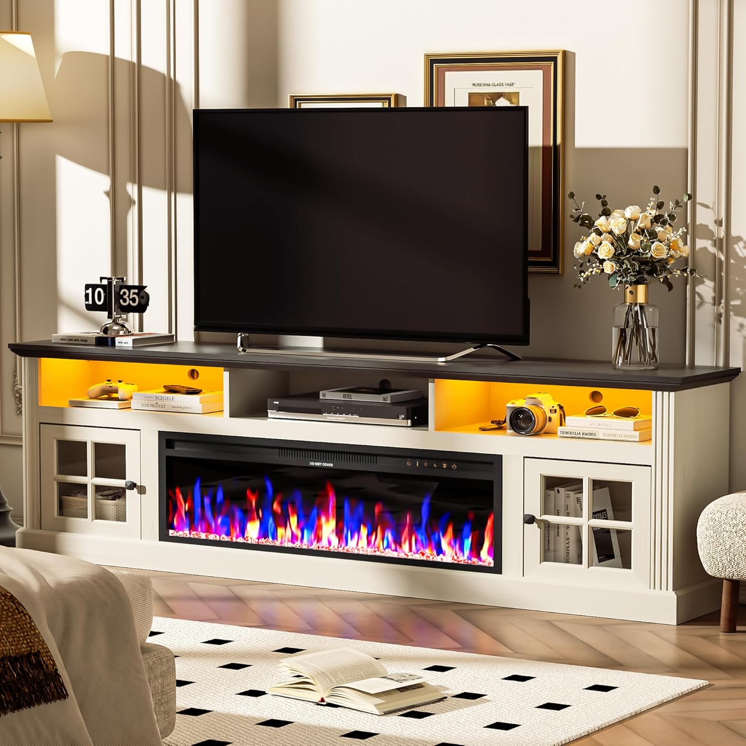 AHB 70" Fireplace TV Stand for TVs Up to 80" with Storage Cabinets, Entertainment Center with 36" Electric Fireplace, Led Light TV Consoles for Living Room, Farmhouse Media Console Table