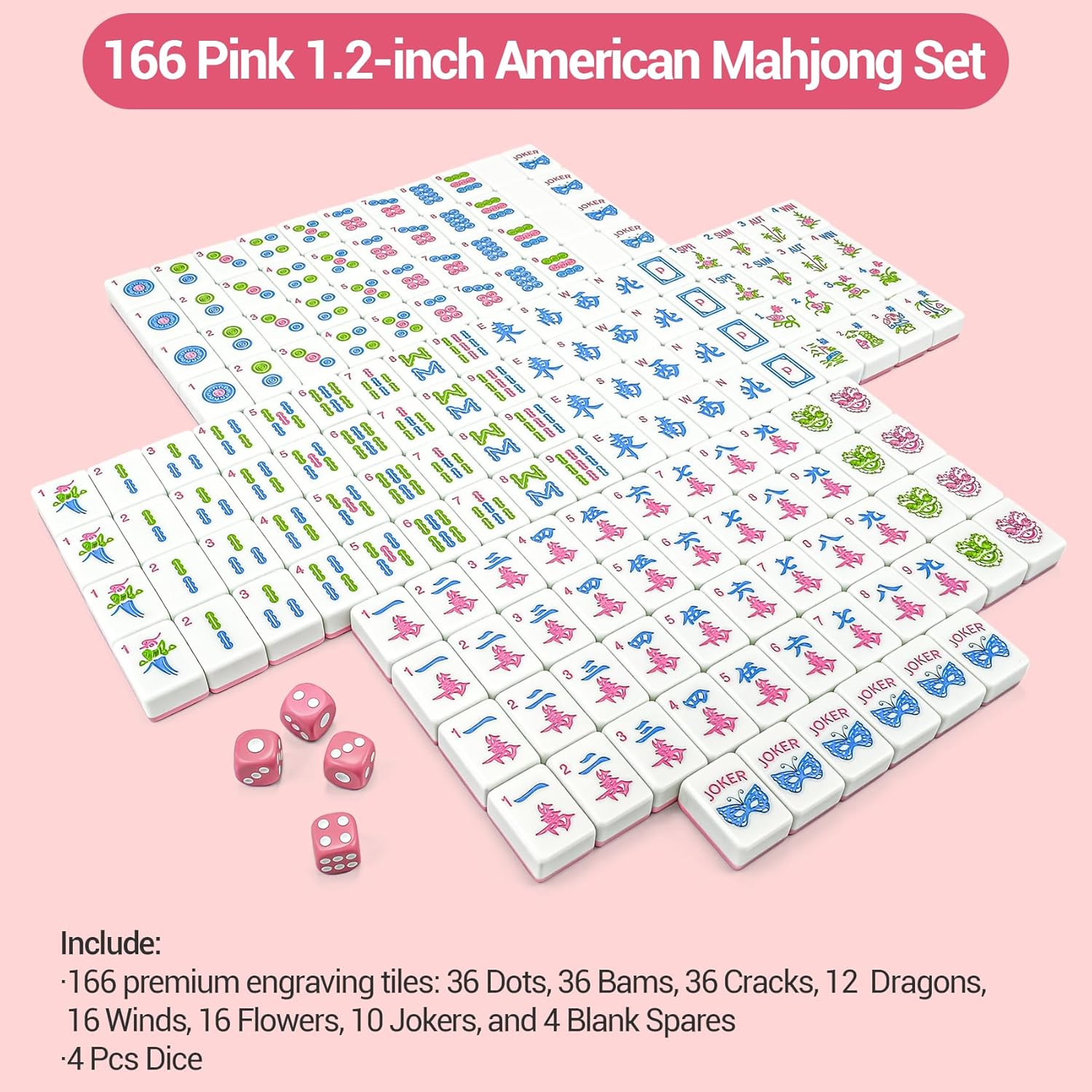 American Mahjong Tile Set, 166 Pink Tiles (1.2”), Mahjong Tile Set with Carrying Bag and Other Mahjong Accessories, Cute Mini Tiles, Portable Travel Complete Game Set, Gift for Enthusiasts
