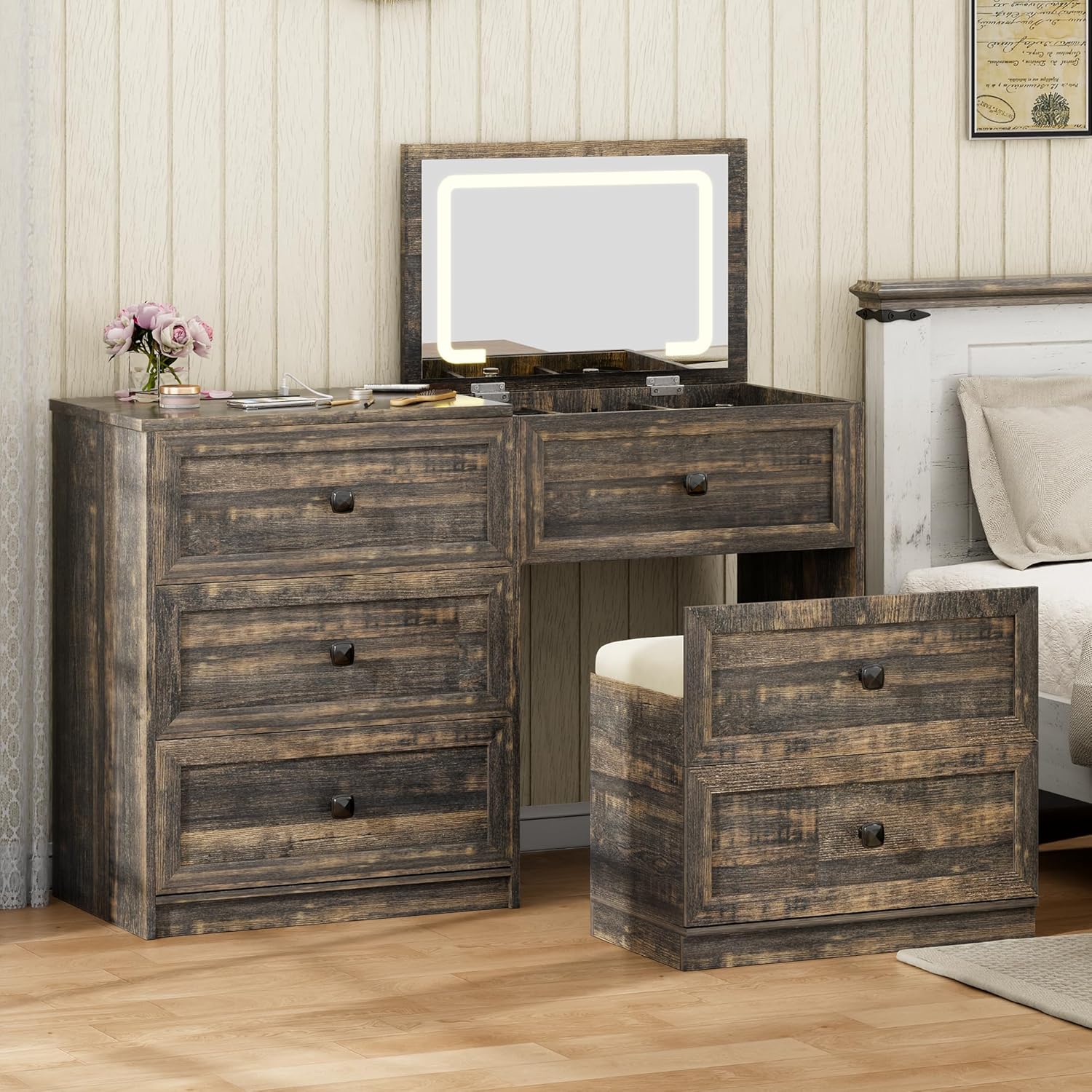 Gurexl 3-in-1 Vanity Desk with Flip Top Mirror and Lights, Makeup Dressing Table with Gun Drawer and Charging Station, Bedroom Dresser Vanity with Chair and Hidden Storage (Dark Rustic Oak)