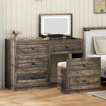 Gurexl 3-in-1 Vanity Desk with Flip Top Mirror and Lights, Makeup Dressing Table with Gun Drawer and Charging Station, Bedroom Dresser Vanity with Chair and Hidden Storage Dark Rustic Oak