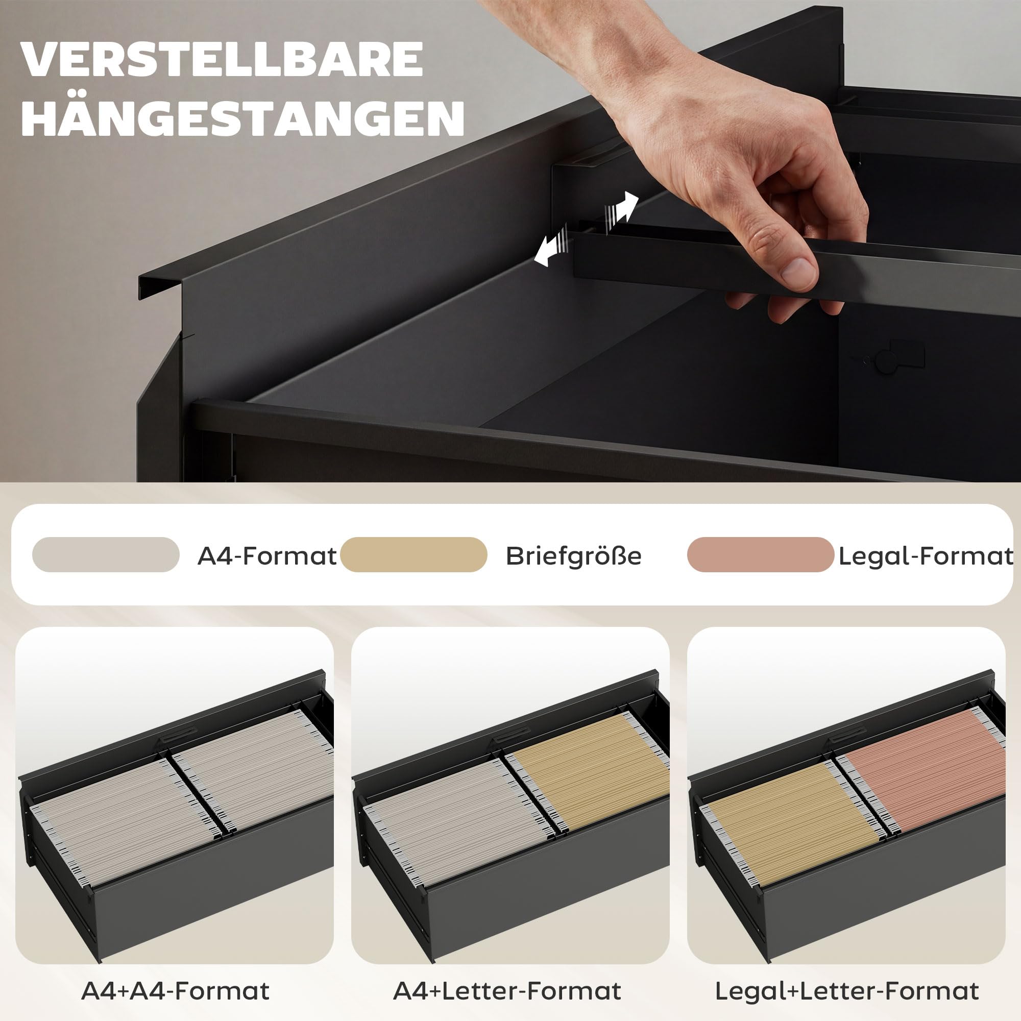 HOMCOM Rollcontainer mit 2 Schubladen mobiler Aktenschrank mit Rollen abschließbar Büroschrank mit verstellbarem Hängeregistratur, Schubladenschrank für Büro, Homeoffice, 90 x 40 x 77,4 cm, Schwarz