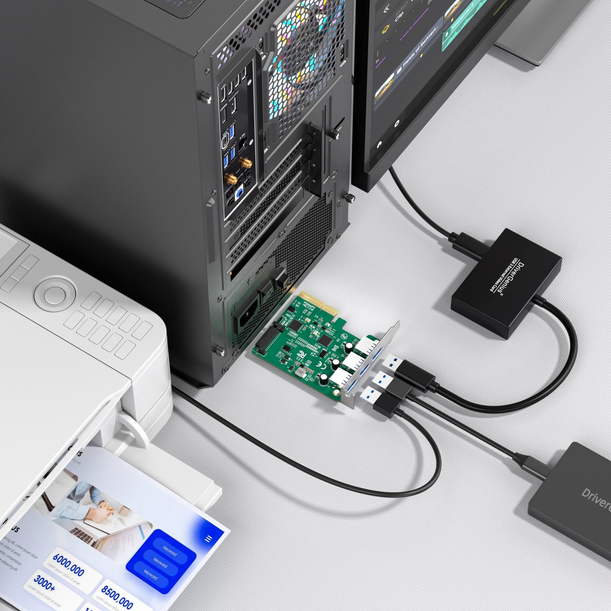 DriverGenius Turbo-X | Carte PCIe USB 3.2 3 Ports USB-A (Low Profile) | Carte D'Extension USB 10 Gbit/s pour PC SFF et Serveurs, PCIe x4, Compatible Windows 11 et Linux, Équerre Standard Incluse