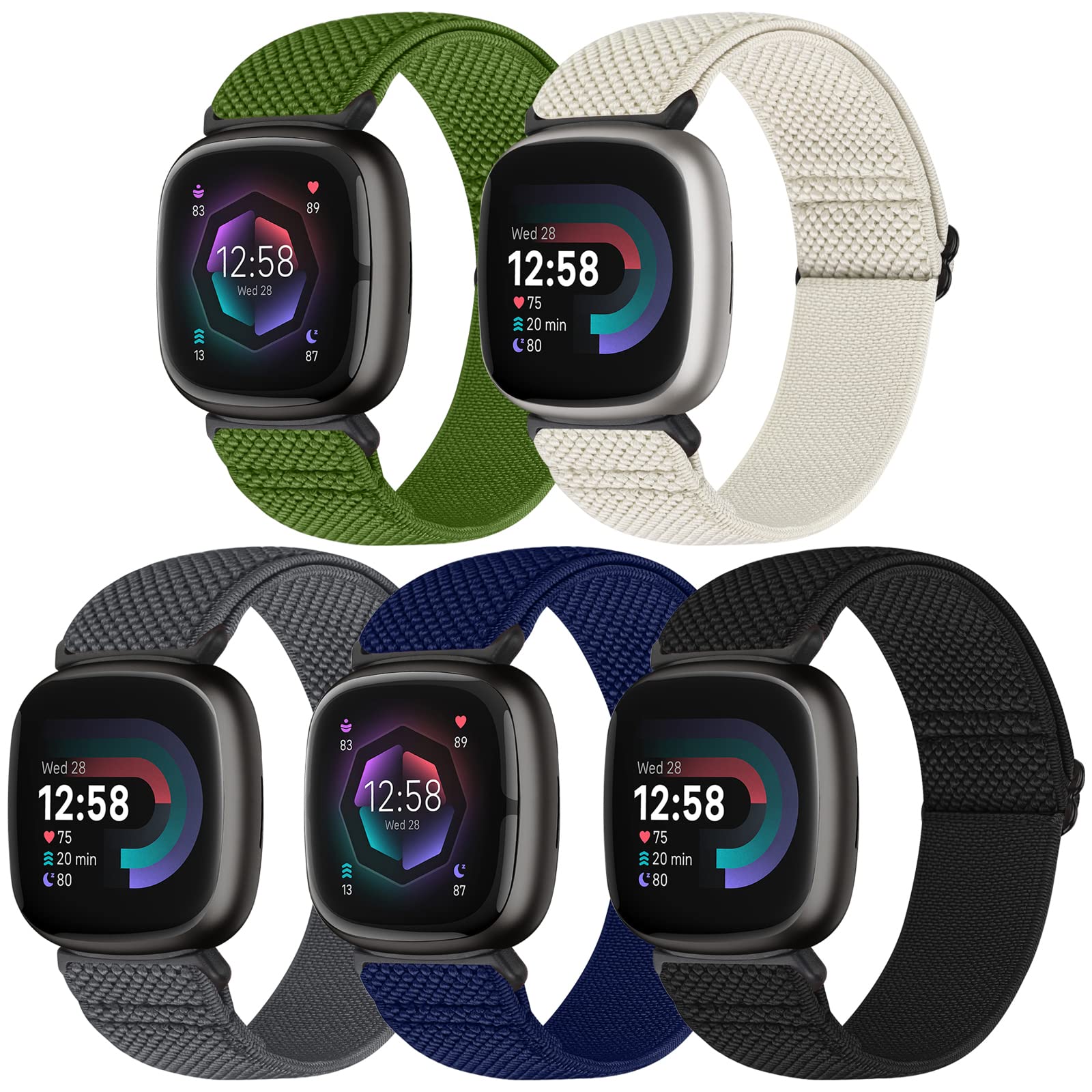 Compatible with Fitbit Versa 4/Versa 3/Sense 2/Sense Band Women Men, 5 Pack Elastic Nylon Soft Adjustable Stretchy Solo Loop Replacement Strap for Women Men