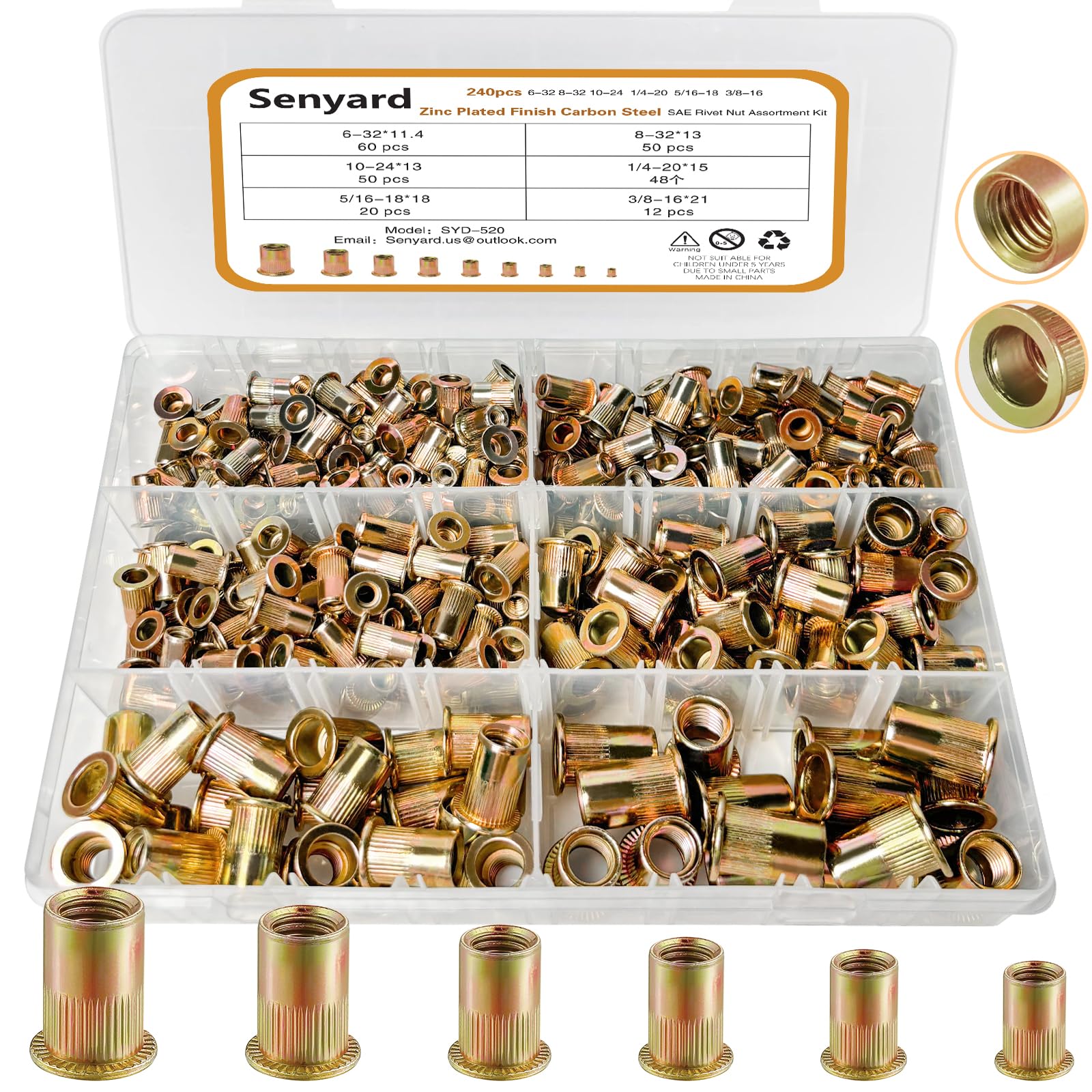 SAE Rivet Nuts Assortment Kit(240 Pcs), #6-32#8-32#10-24 1/4"-20 5/16"-18 3/8"-16 UNC Rivet nut, Zinc Plated Finish Carbon Steel Rivnut