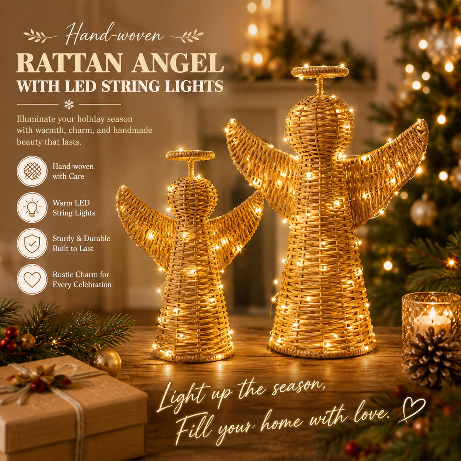 Yookeer 2 piezas de árbol de Navidad de ángel de ratán tejido con luces LED, adornos de mesa marrón natural hechos a mano para decoración rústica de vacaciones