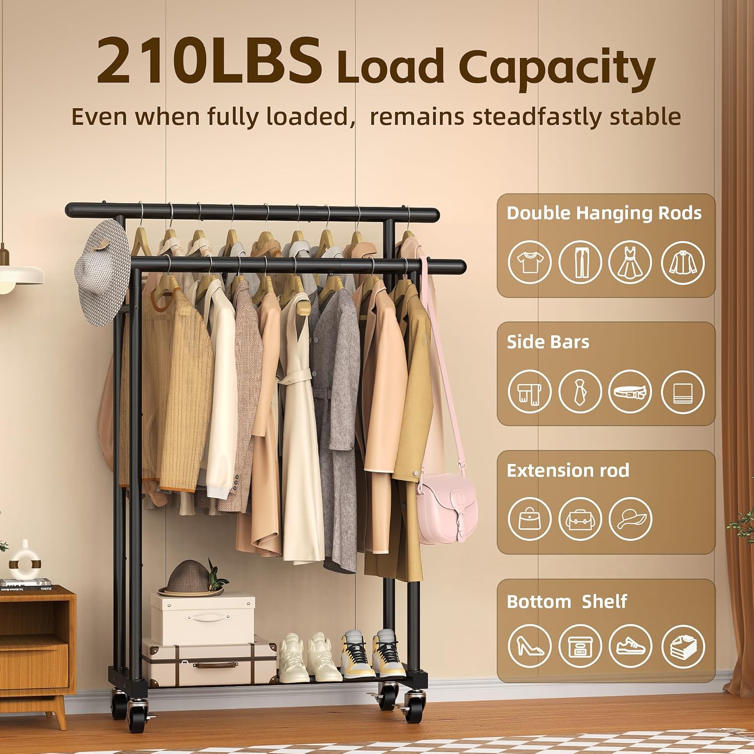 Double Rods Clothes Rack, Rolling Clothing Rack for Hanging Clothes, Heavy Duty Metal Garment Rack, Multifunctional Coat Rack for Bedroom Laundry Living Room, Black