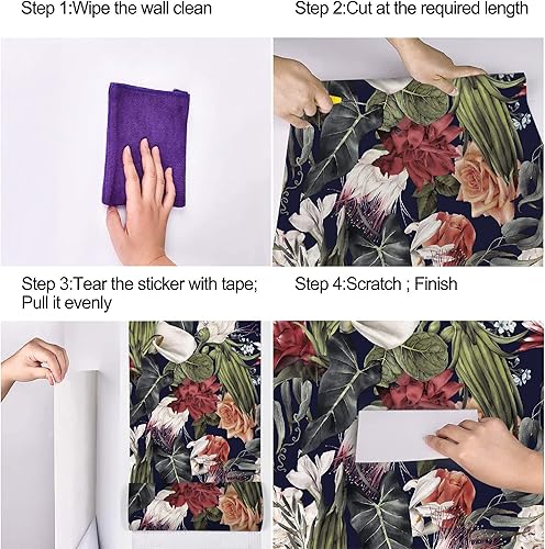 Miniatura 5 de UniGoos Papel tapiz floral rojo para despegar y pegar, fondo azul oscuro, papel de contacto de flor de palma, vinilo autoadhesivo vintage, rollo de