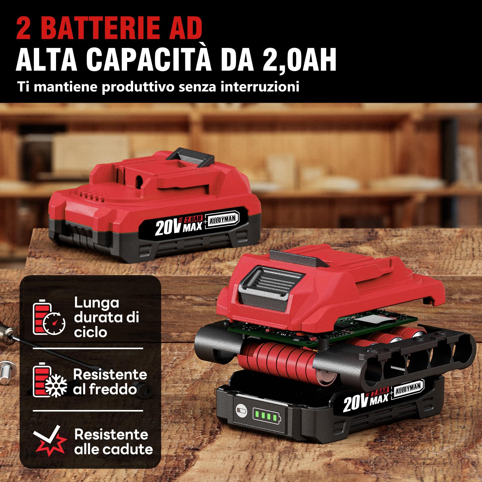 Alloyman Trapano Avvitatore a Batteria 20V MAX, Motore Brushless, 1800 giri/min, Max 60 Nm, Mandrino metallico autoserrante 3/8", 21+1 livelli di coppia, Set Trapano per calcestruzzo, metallo e legno