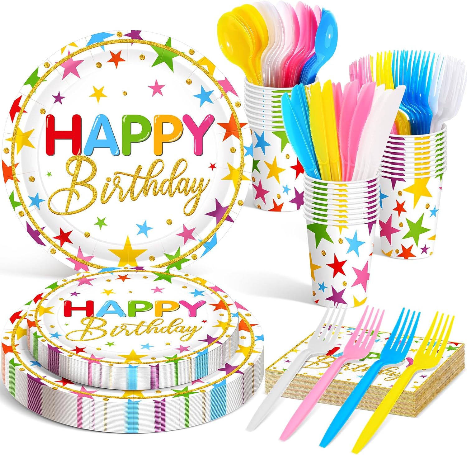 Meanplan Serves 24 Guests Happy Birthday Plates and Napkins Rainbow Star Birthday Tableware Set Rainbow Happy Party Decorations for Kids Included Cups Knives Forks Spoons Total 168 Pcs