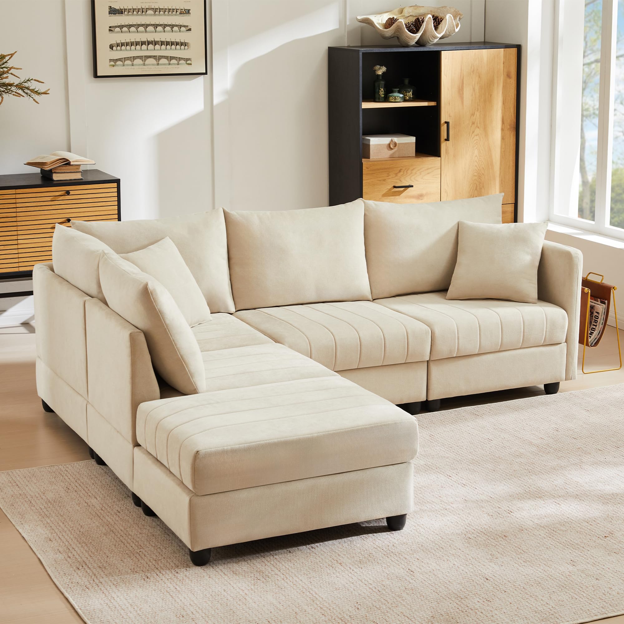 Divano moderno ad angolo, 220x194x85cm, divano a 5 posti, divano a L con poggiapiedi trasformabile e 2 cuscini, a righe verticali, divani combinato,sofa,Beige