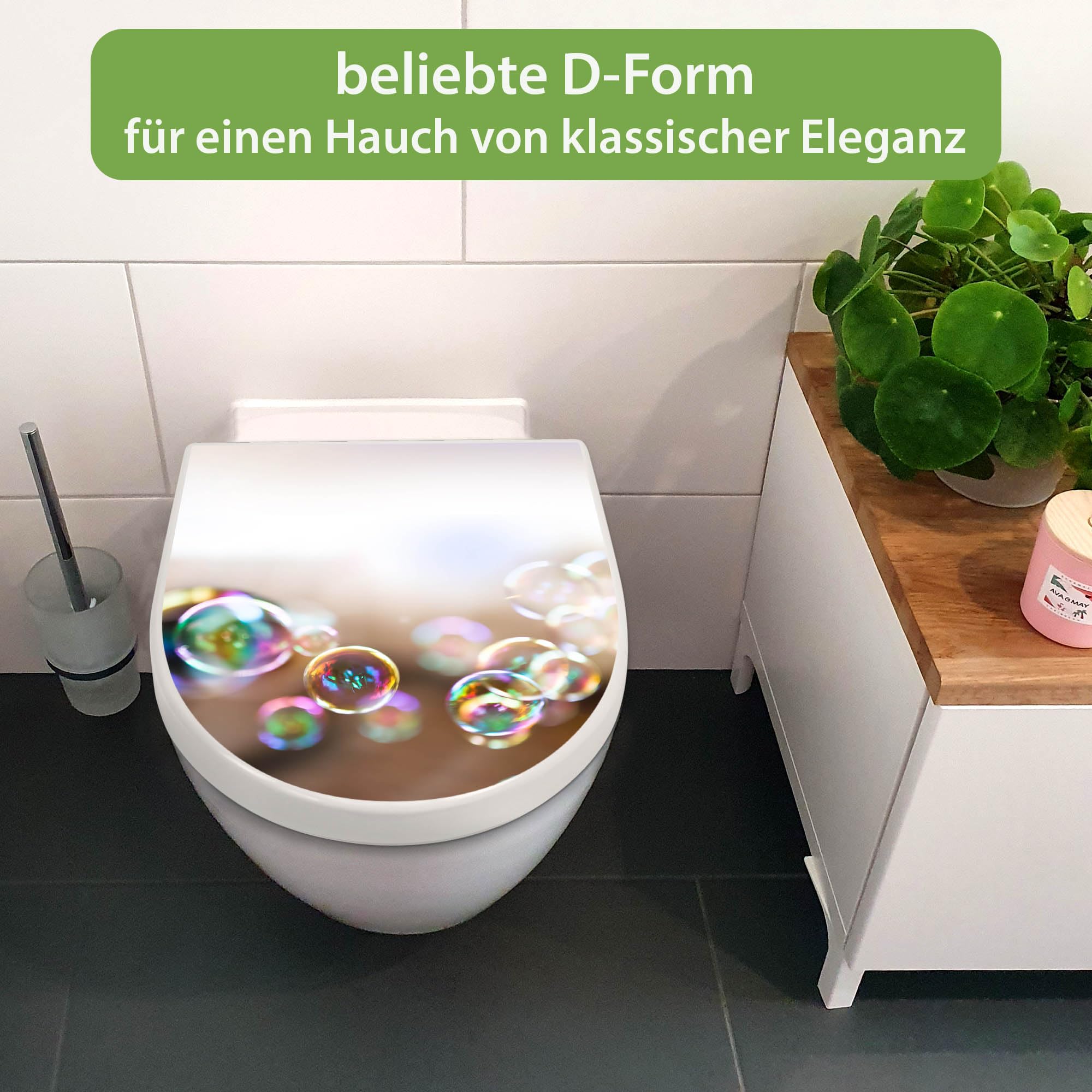 banjado WC Sitz mit Absenkautomatik D Form - Toilettendeckel mit Absenkautomatik D Form - Klodeckel Softclose - stabile Klobrille - Toilettensitz Weiß - Motiv Seifenblasen