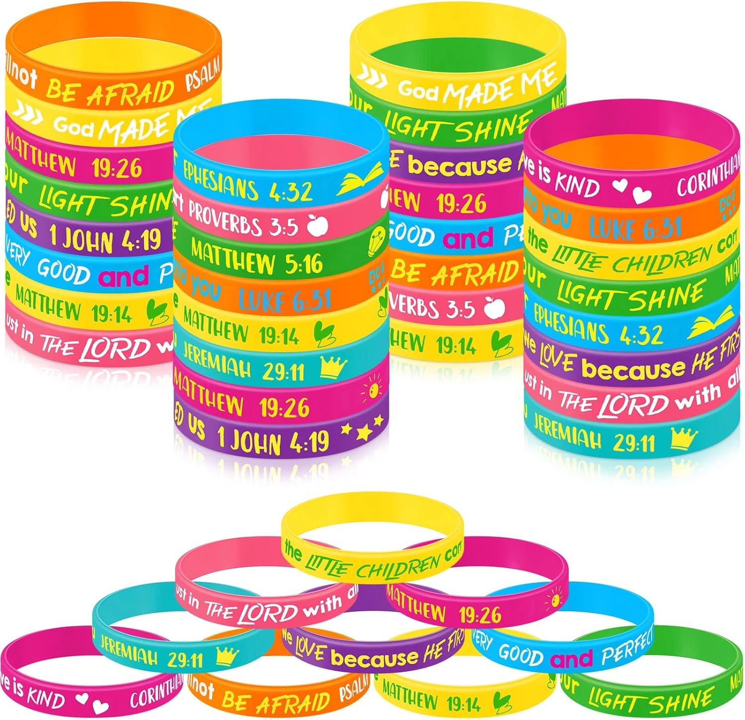 Gueevin 60 Pcs Bible Verse Bracelets for Kids Christian Scripture Bracelets Jesus Wristband Religious Motivational Valentine Kids School Gifts Classroom Prizes (Classic,Classic Color)