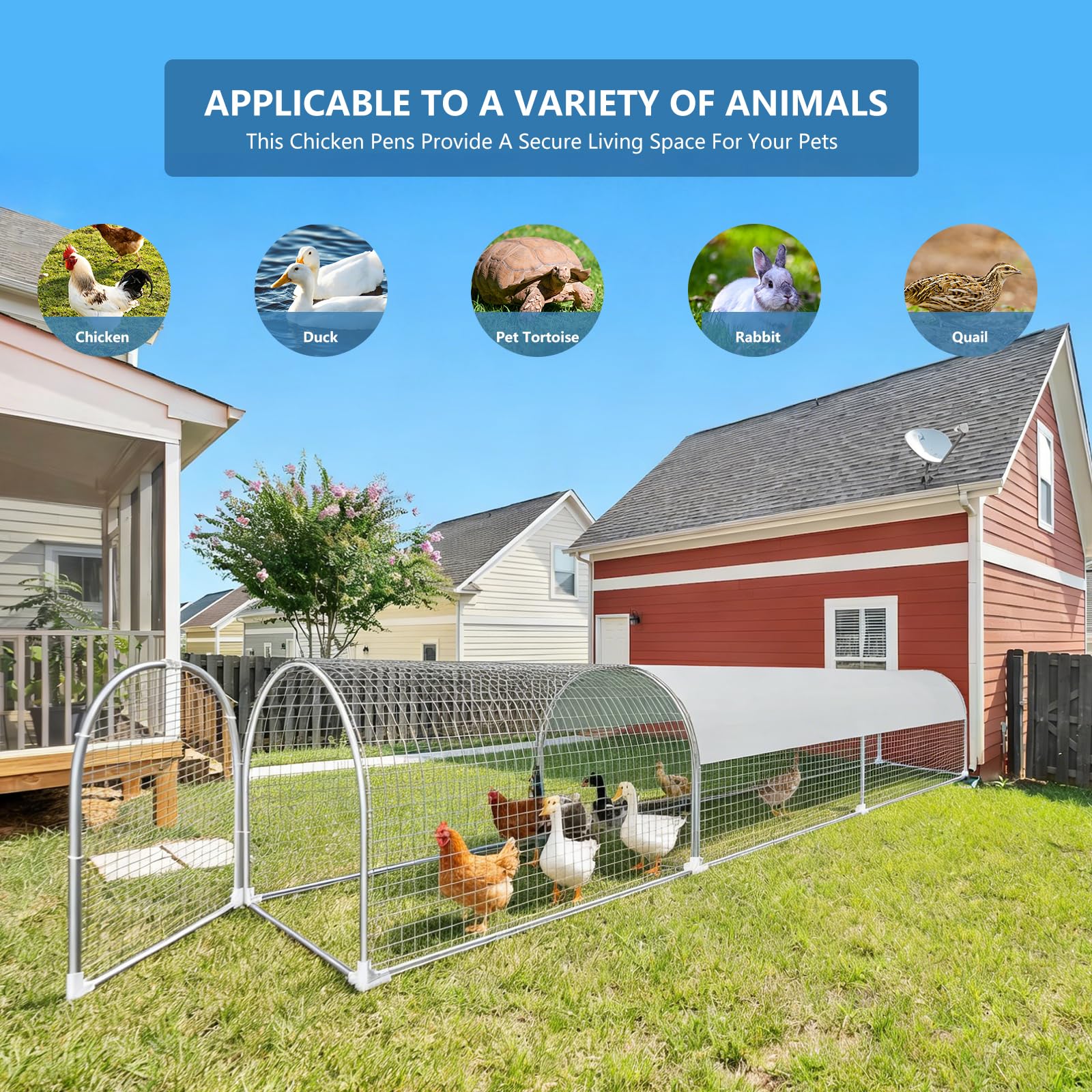Gallinero de metal con corral, 10 x 2 x 2 pies, con cubierta impermeable y anti-ultravioleta para exteriores, patio trasero y granja, corral de pollo para patos, conejos (plata, 24 x 26 x 118 pulgadas