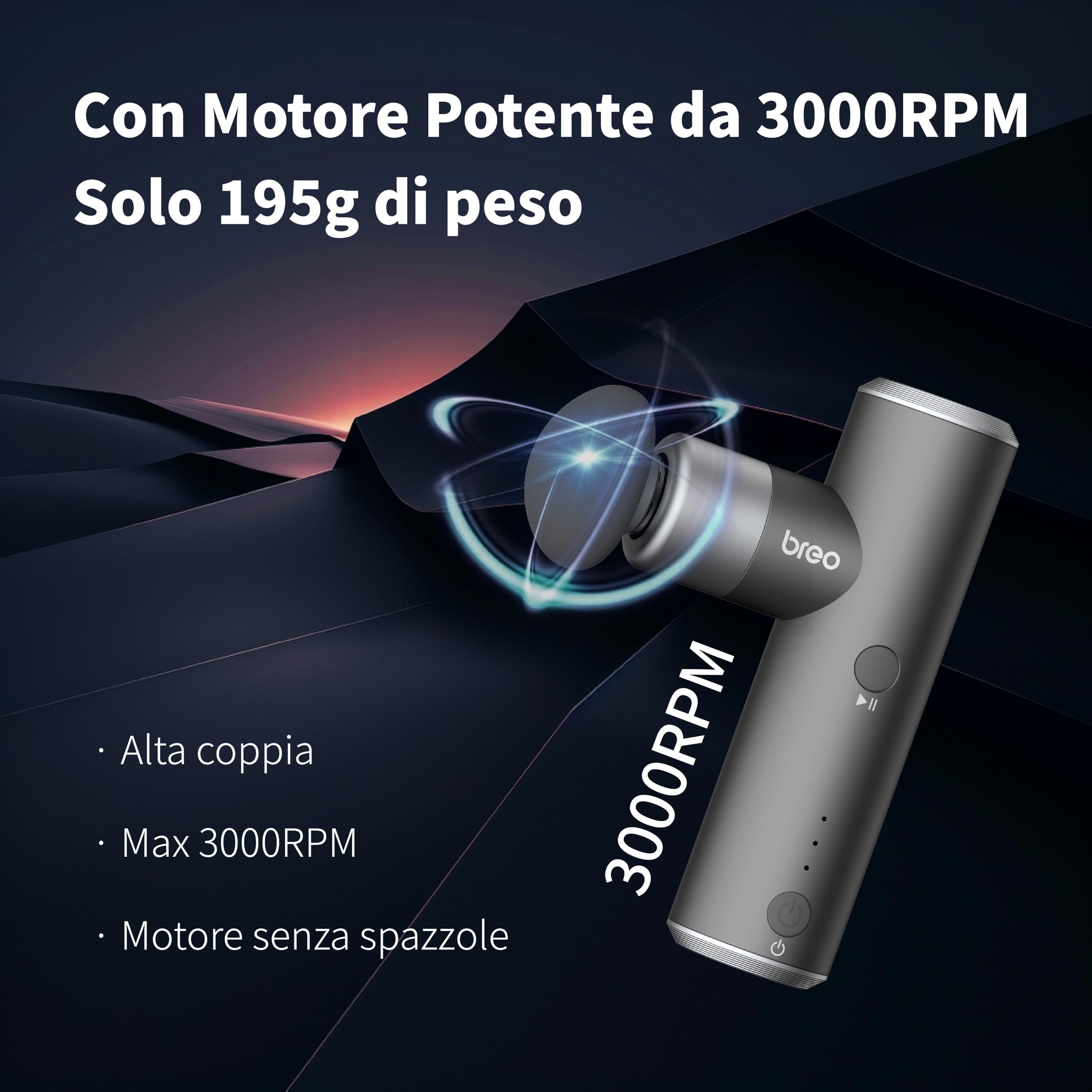 Breo S1 mini Pistola Massaggio Percussivo Muscolare, Grigio Scuro | 4 livelli di intensità, 3 testine massaggianti rimovibili, potente e silenzioso, compatto per casa, ufficio e sport