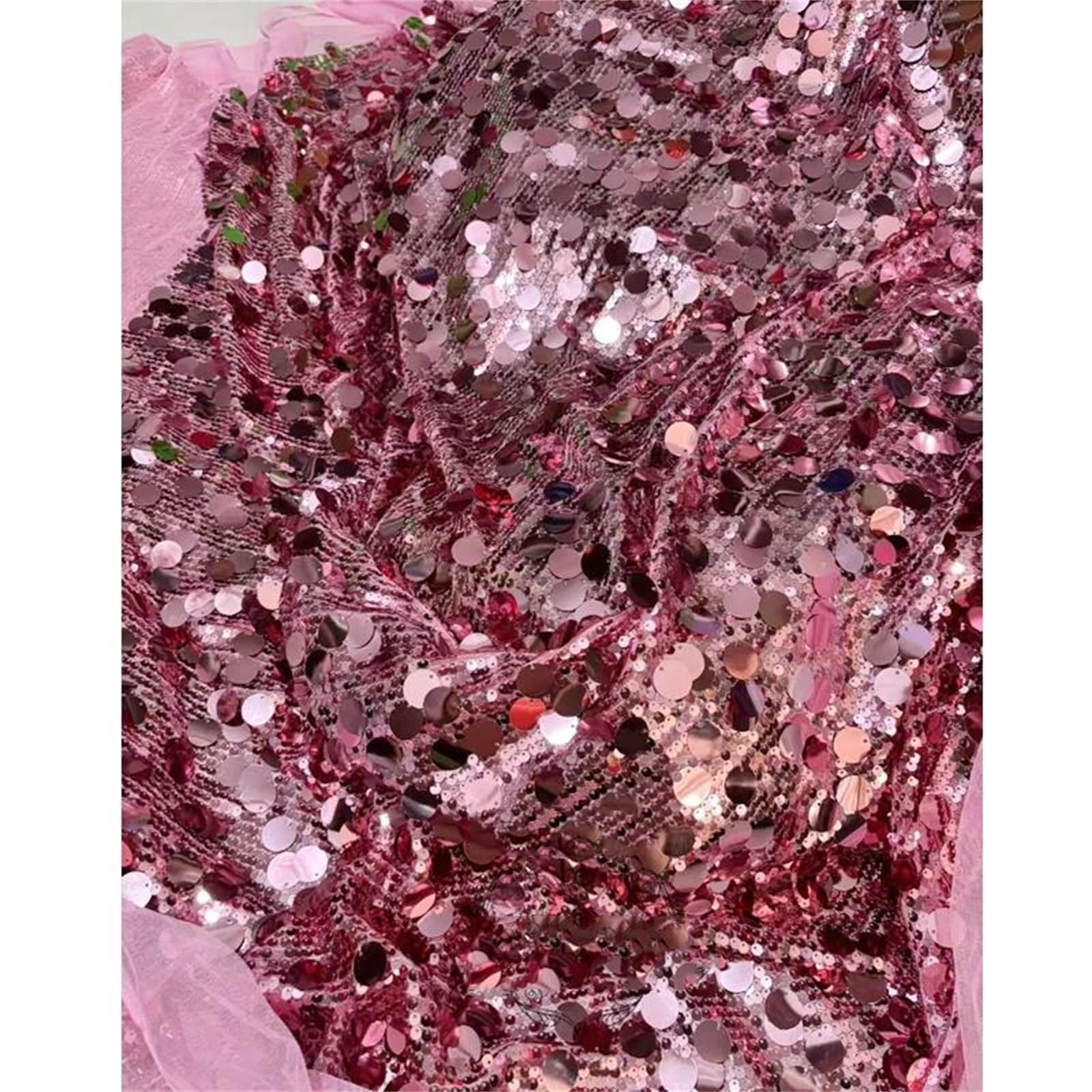 Tessuto Ricamato con Paillettes Rosa Caramello, Larghezza 135 cm, Rivestimento in Scala di Pizzo a Rete Elastica for Abito, Applique con Perline Fai da Te(270x135cm)