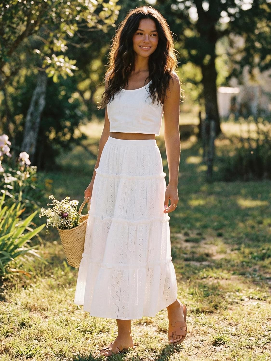 Seta T Women's Maxi Skirts Elastic Waist Tiered A Line Eyelet Skirt Ruffle Boho Long Summer Casual Skirt - Image 2