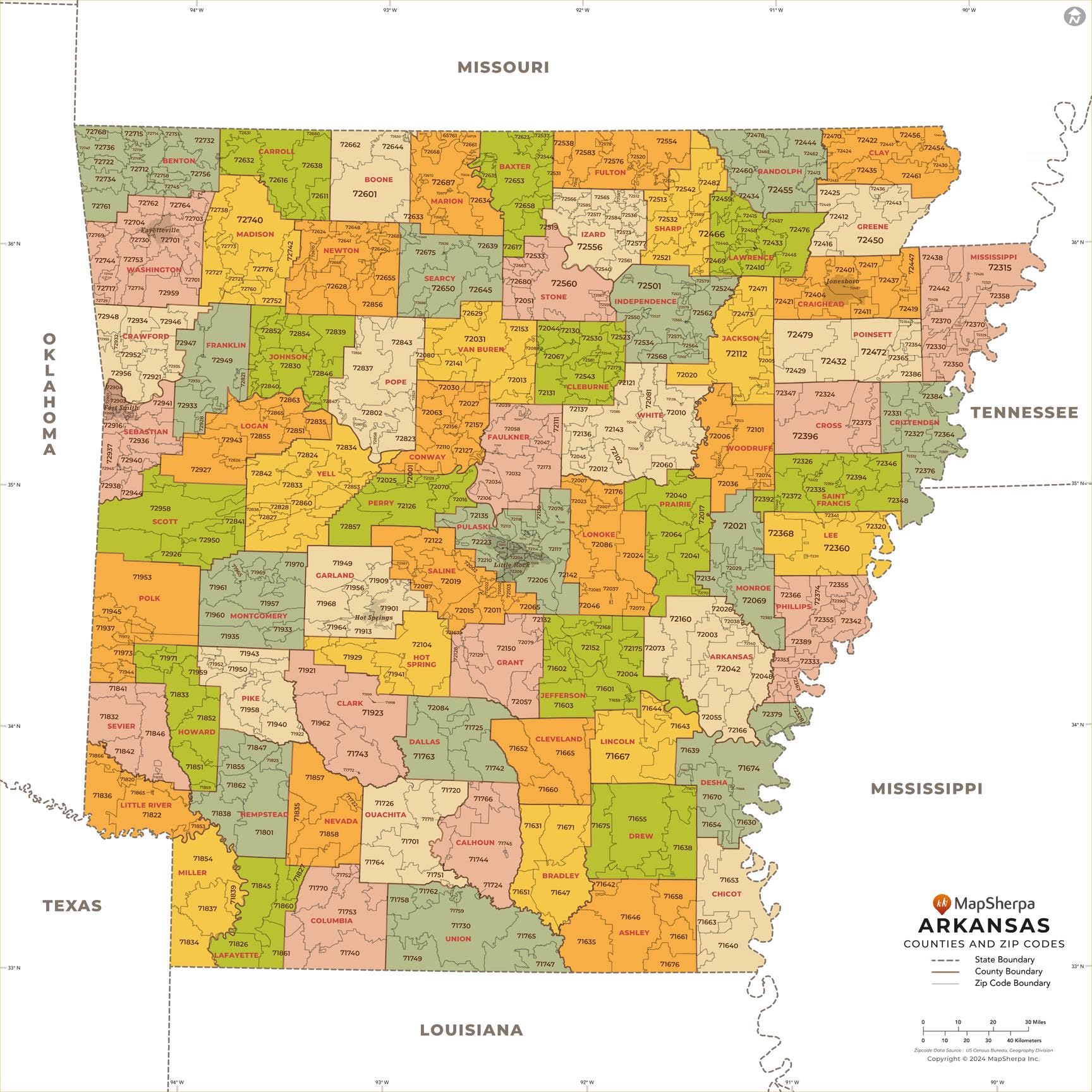 Póster de mapa con código postal de Arkansas con condados, estándar, 91,4 x 91,4 cm, laminado frontal