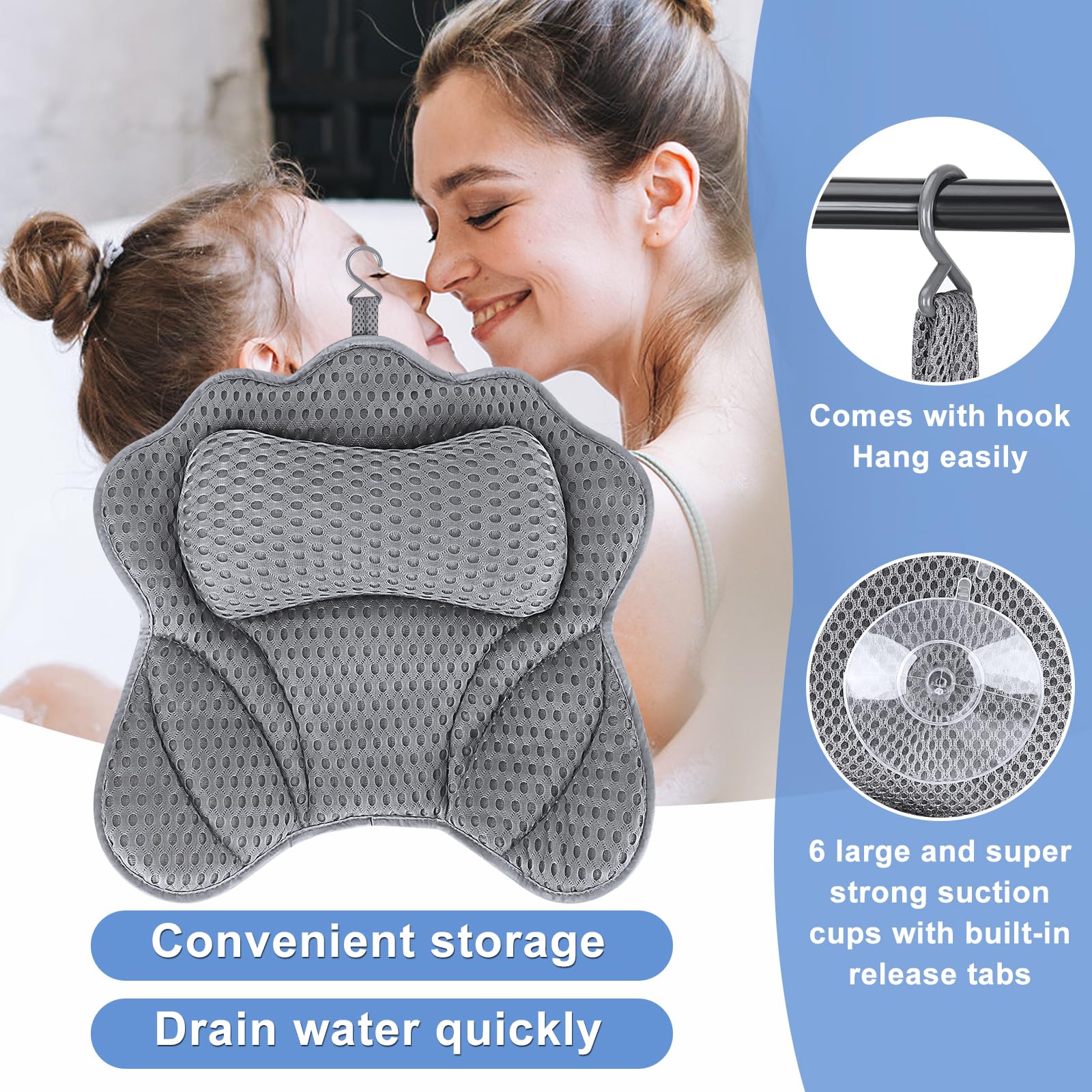 Almohada para bañera, cojín de baño para cuello y cuello, con tecnología de malla de aire 4D y ventosas, ideal para spa en casa, soporta cabeza, hombros y espalda en la bañera (gris)
