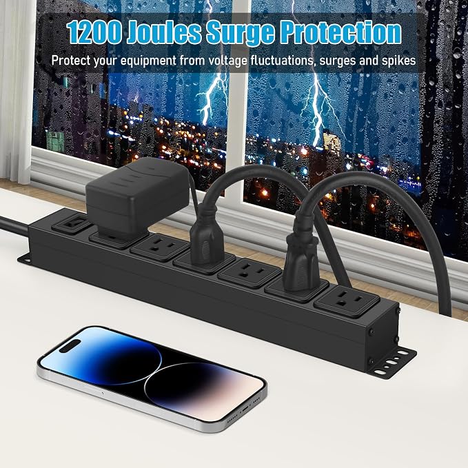 Regleta magnética HHSOET con 6 tomas, cable de extensión de 3 pies (0,91 m), negro, protector contra sobretensión de 1200 J, con carcasa metálica y montaje en pared miniatura 7