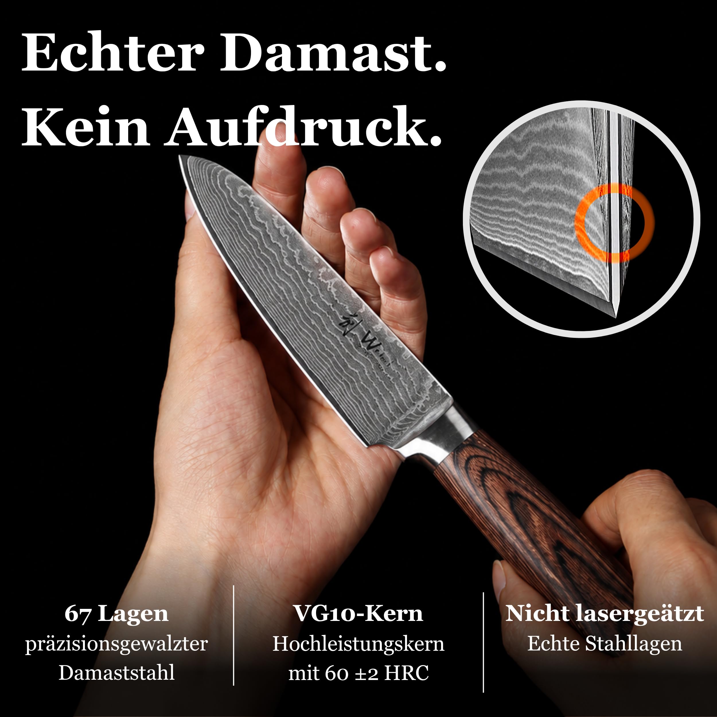 Wakoli EDIB Damastmesser Santoku 12,5 cm Klinge – Kleines Damast Küchenmesser aus 67 Lagen Damaststahl mit VG10-Kern (60 ±2 HRC) – Scharfes Santoku Messer mit Pakkaholzgriff in Geschenkbox