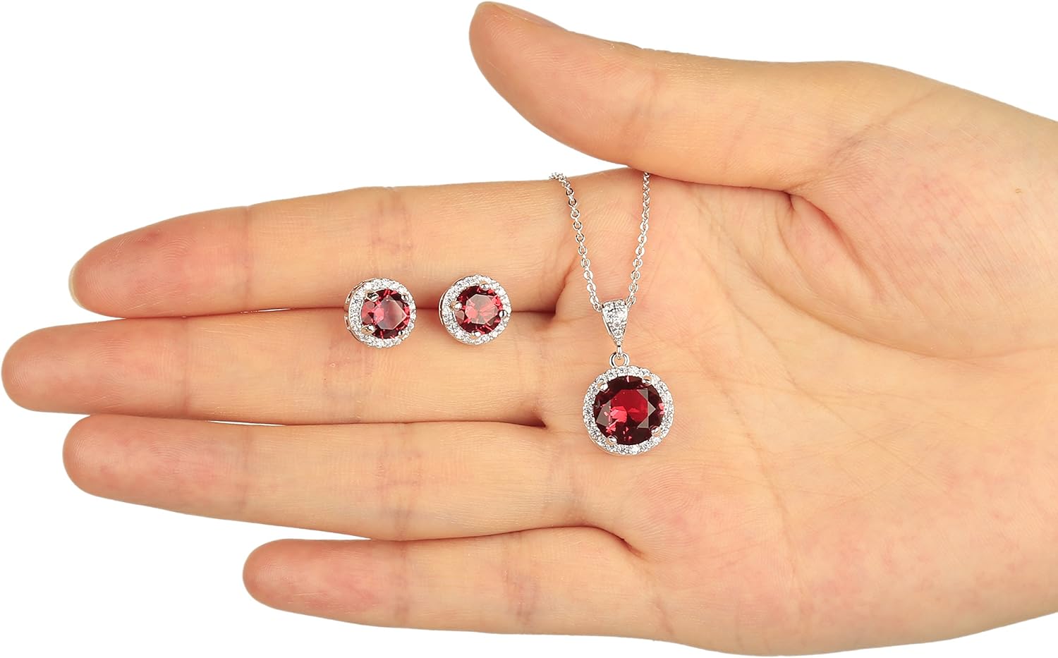 AMYJANE Halo Crystal Jewelry Set - Sterling Silver Round Cubic Zirconia Crystal Bridal Pendant Necklace Earrings Set for Wedding Bride Bridesmaids