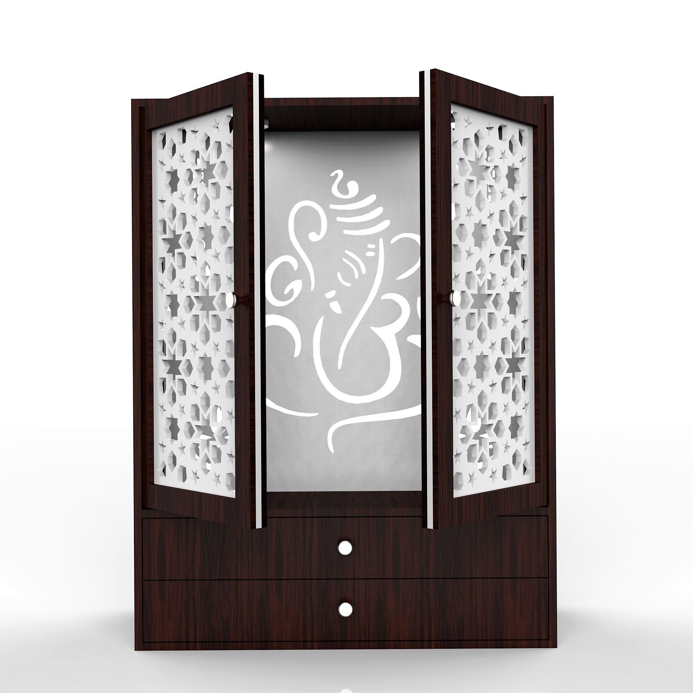 Devyom Brown Wooden Indian Temple With Doors And Cabinet Storage, LED Light For Home And Office