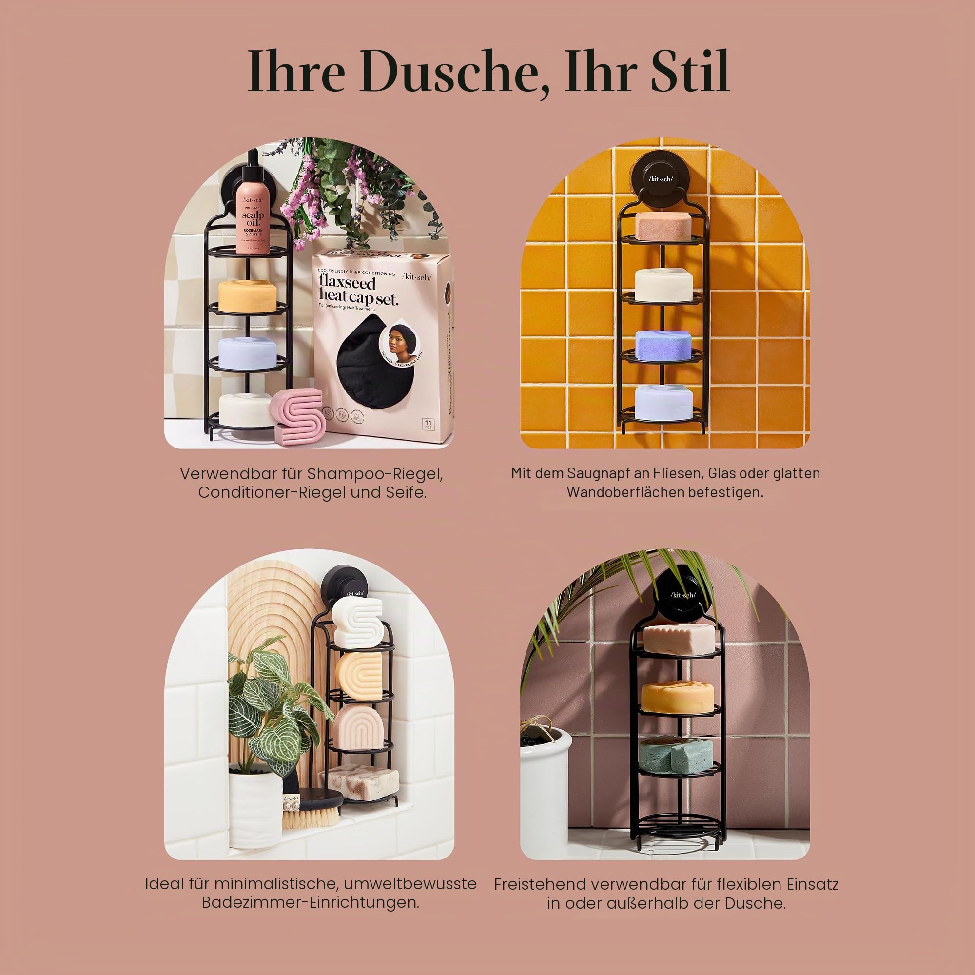 Kitsch Selbstentleerender Duschkorb – Badezimmer-Dusch-Organizer mit Saugnapf | Rostfreies Duschregal & Bar-Seifenhalter für Dusche | Seifenschale für Dusche | Bar-Seifenhalter für Dusche (schwarz)