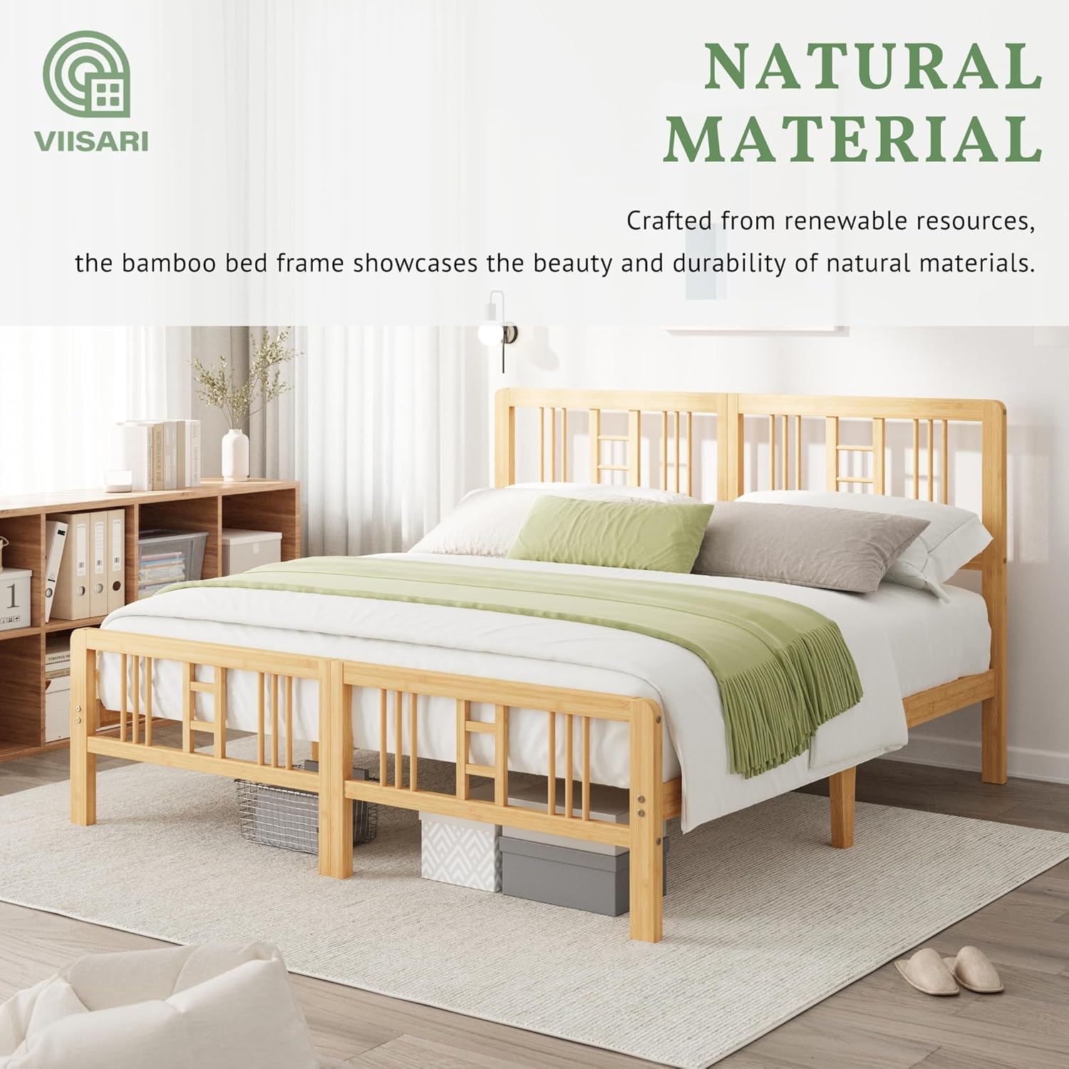 Bamboo Wood King Size Bed Frame with Headboard and Footboard, 10 Inch Platform King Bed Frame with Steel Slats, Solid Foundation, Easy Assembly, Ample Under-Bed Storage, Noise-Free