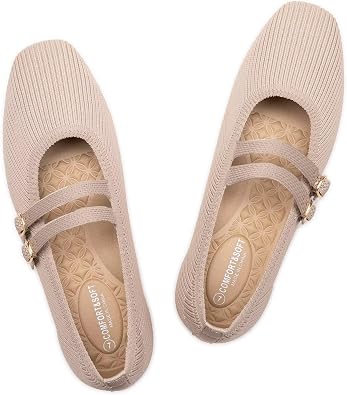 Frank Mully Womens Flats Square Toe Mary Jane Shoes Ballet Flats with Strap Comfortable Slip On Knit Shoes Dressy Casual