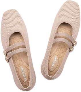 Frank Mully Women's Flats Square Toe Mary Jane Shoes Ballet Flats with Strap Comfortable Slip On Knit Shoes Dressy Casual